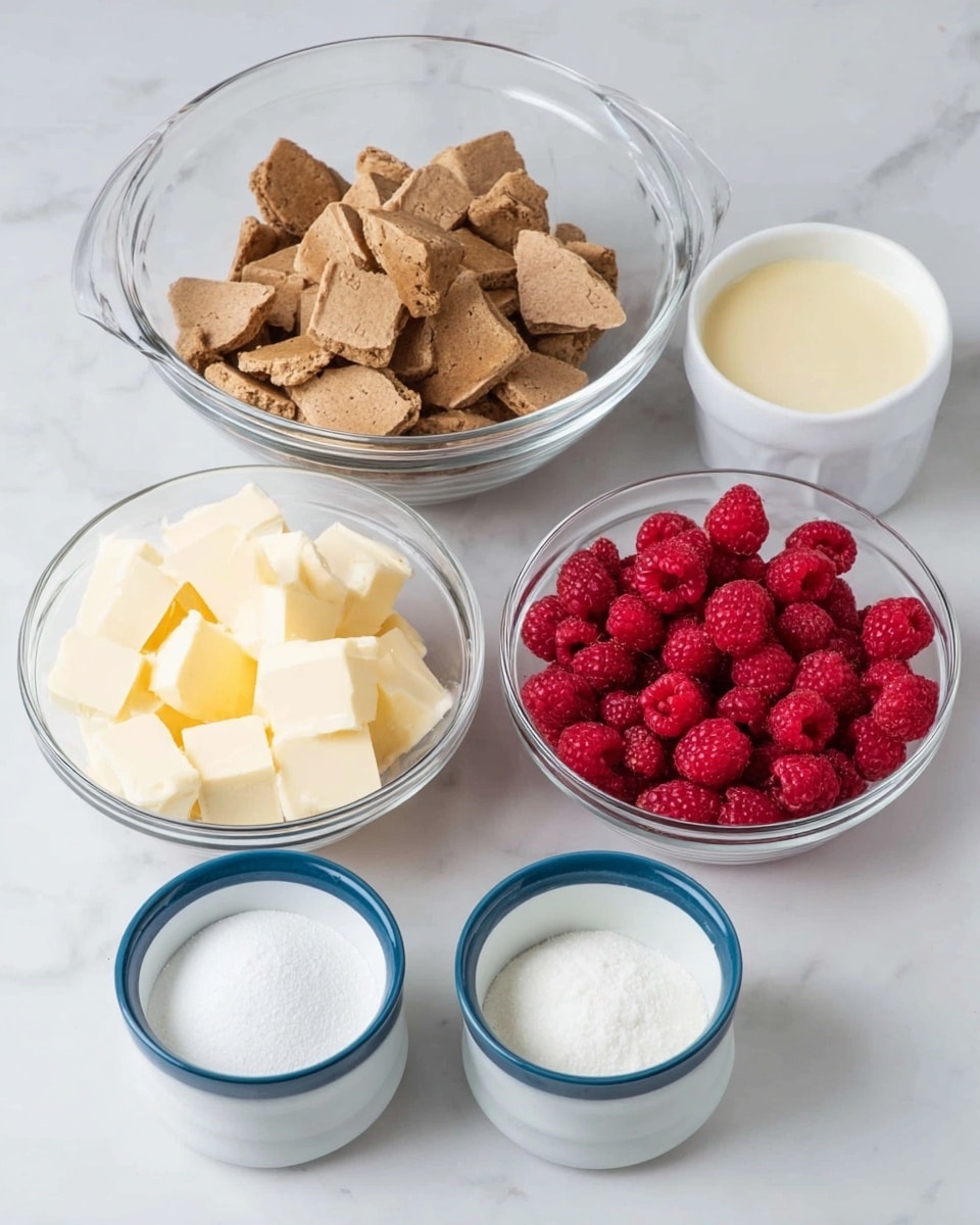 The image shows six clear glass and white bowls arranged on a white marbled surface. Starting from the back, there is a large clear bowl filled with broken brown cookies, next to it is a medium clear bowl filled with fresh bright red raspberries. In front of these, there are two smaller white bowls with blue outer sides, one filled with cubed pale yellow butter and the other with a creamy liquid. In the front row, there are two small white bowls, one containing white powder and the other filled with fine white sugar. All items are neatly placed and clearly visible. Photo taken with an iphone --ar 4:5 --v 7