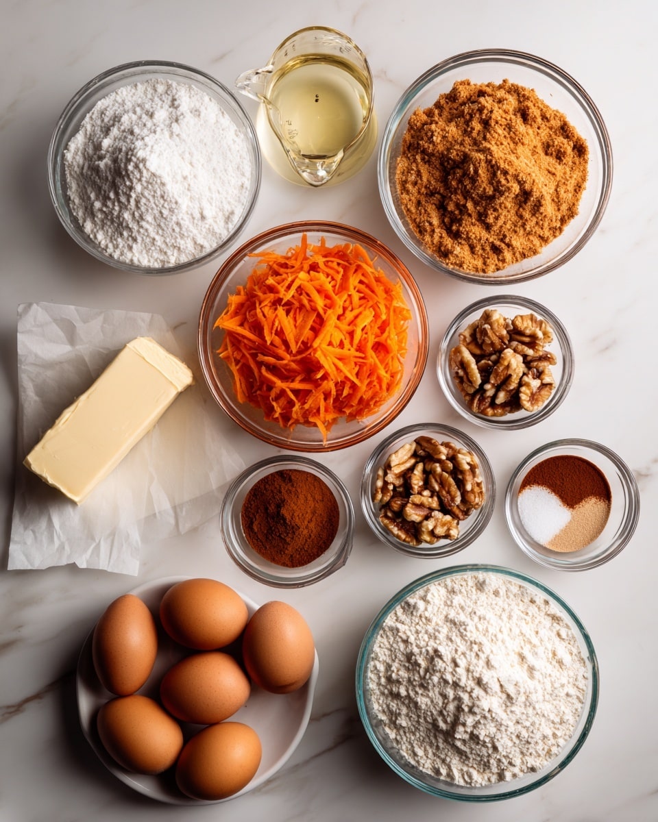 The image shows a top view of ingredients arranged neatly on a white marbled surface. There are several clear glass bowls containing different ingredients: a large bowl filled with white powdered sugar, another large bowl with light brown flour, a medium bowl with bright orange shredded carrots, and smaller bowls holding brown chopped nuts, four brown eggs, and white cream cheese. Additional small bowls have brown cinnamon powder, vanilla extract, salt, and baking soda. A clear measuring cup with light yellow oil and a stick of pale yellow butter partially wrapped in paper lie near the center. The scene is bright and clean, with all items organized in a grid-like manner. photo taken with an iphone --ar 4:5 --v 7