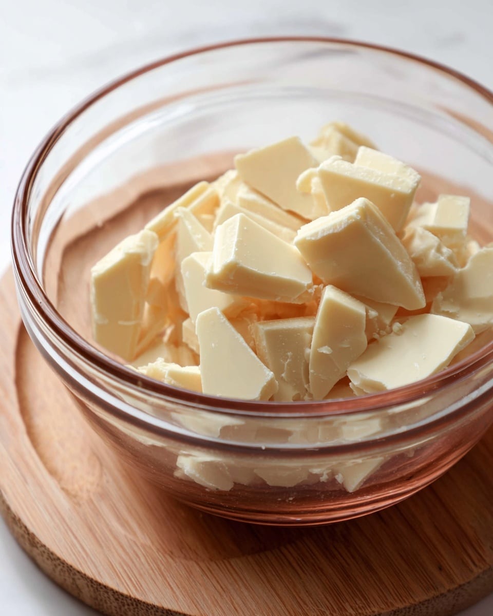 A clear glass bowl filled with uneven white chocolate pieces that are light cream in color and have smooth, shiny textures. The bowl is placed on a round wooden board, which contrasts with a white marbled surface background. The image focuses closely on the bowl showing the chocolate pieces clustered together, with soft natural light enhancing the glossy look of the chocolate. Photo taken with an iphone --ar 4:5 --v 7