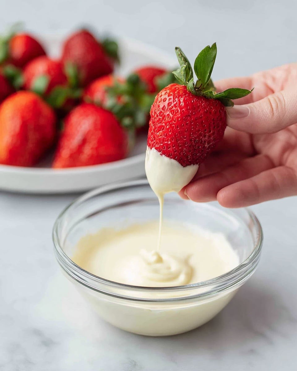 A pair of images show a single large strawberry being dipped into a bowl of smooth, creamy white sauce. The strawberry is bright red with green leaves at the top. The glass bowl holding the white sauce is transparent and rests on a white marbled surface. In the background, a white plate holds several other bright red strawberries with green leaves. The strawberry is held by a woman's hand by its green leafy top, first just above the sauce, then halfway dipped with the white sauce dripping off the tip. Photo taken with an iphone --ar 4:5 --v 7