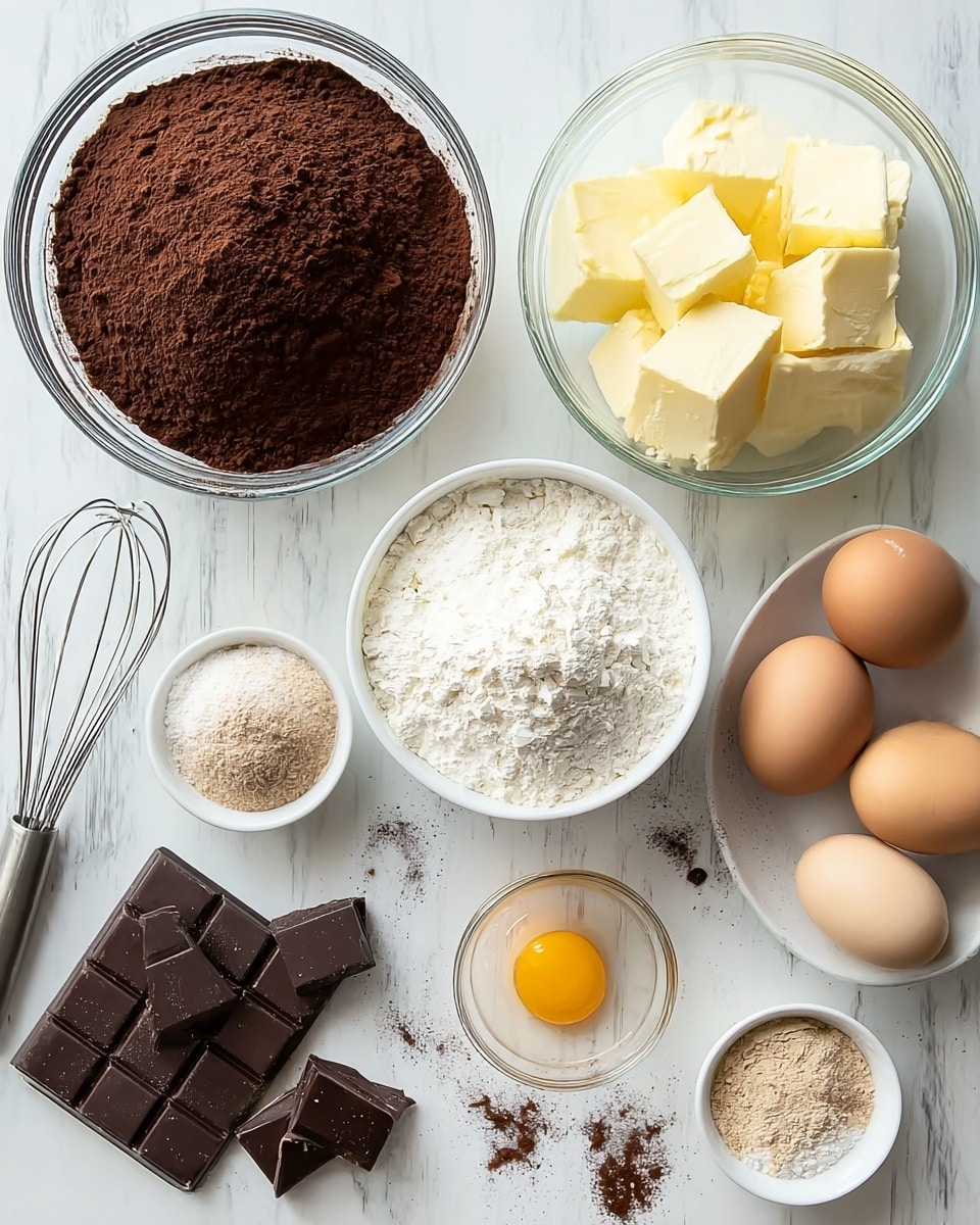 A top-down view of various baking ingredients arranged neatly on a white marbled surface, including a large clear bowl filled with dark brown cocoa powder on the left, a smaller white bowl near the center with white flour, and another clear bowl on the right holding large chunks of pale yellow butter. There are four eggs, two brown and two white, placed together in a small white dish at the bottom right, and a single raw egg yolk in a small clear bowl near the top right. Additionally, two small white bowls contain light brown and white powders, possibly spices and baking powder, scattered around the arrangement. Near the bottom left, three pieces of dark chocolate rest on a metal whisk. All the items are clearly visible and spread out cleanly on the white marbled background. Photo taken with an iphone --ar 4:5 --v 7