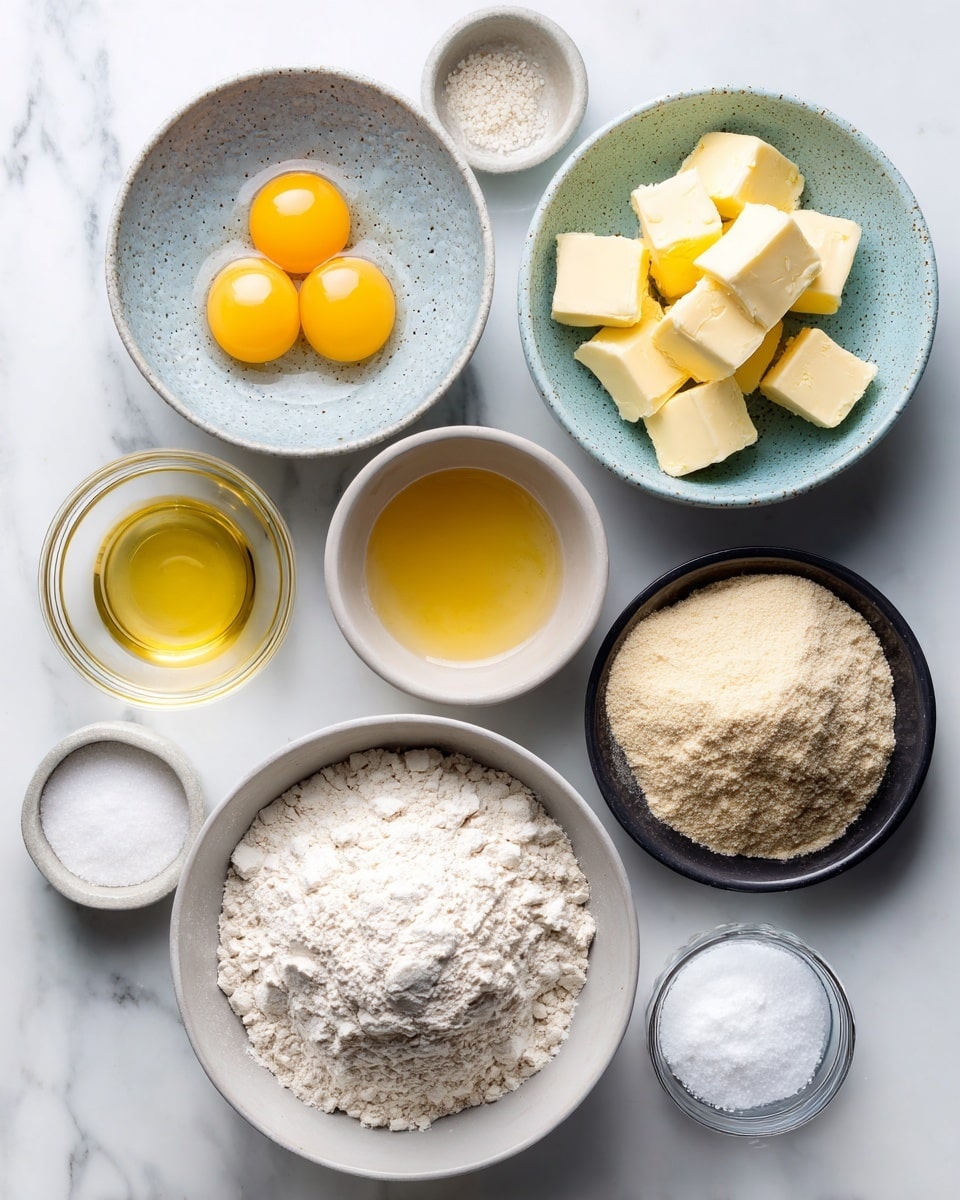 The image shows nine bowls of different sizes placed on a white marbled surface, each containing separate baking ingredients. The largest bowl at the bottom left holds a heap of light beige flour with a fine powder texture. Above it to the right is a medium bowl with three whole raw eggs featuring bright yellow yolks and clear whites. To its right is a small bowl filled with yellow butter chunks, looking soft and creamy. Next to the butter is a large clear bowl filled with golden liquid oil. Above the eggs is an empty medium bowl with a light blue-gray speckled pattern. To its right is a small black plate holding a pile of fine dry beige yeast. Below the butter are two small clear bowls—one filled with fine white granulated sugar and the other with white powdered sugar. Finally, a small white bowl near the bottom right corner contains coarse white sea salt. The bowls are neatly arranged, showing a clean, organized setup for baking ingredients photo taken with an iphone --ar 4:5 --v 7