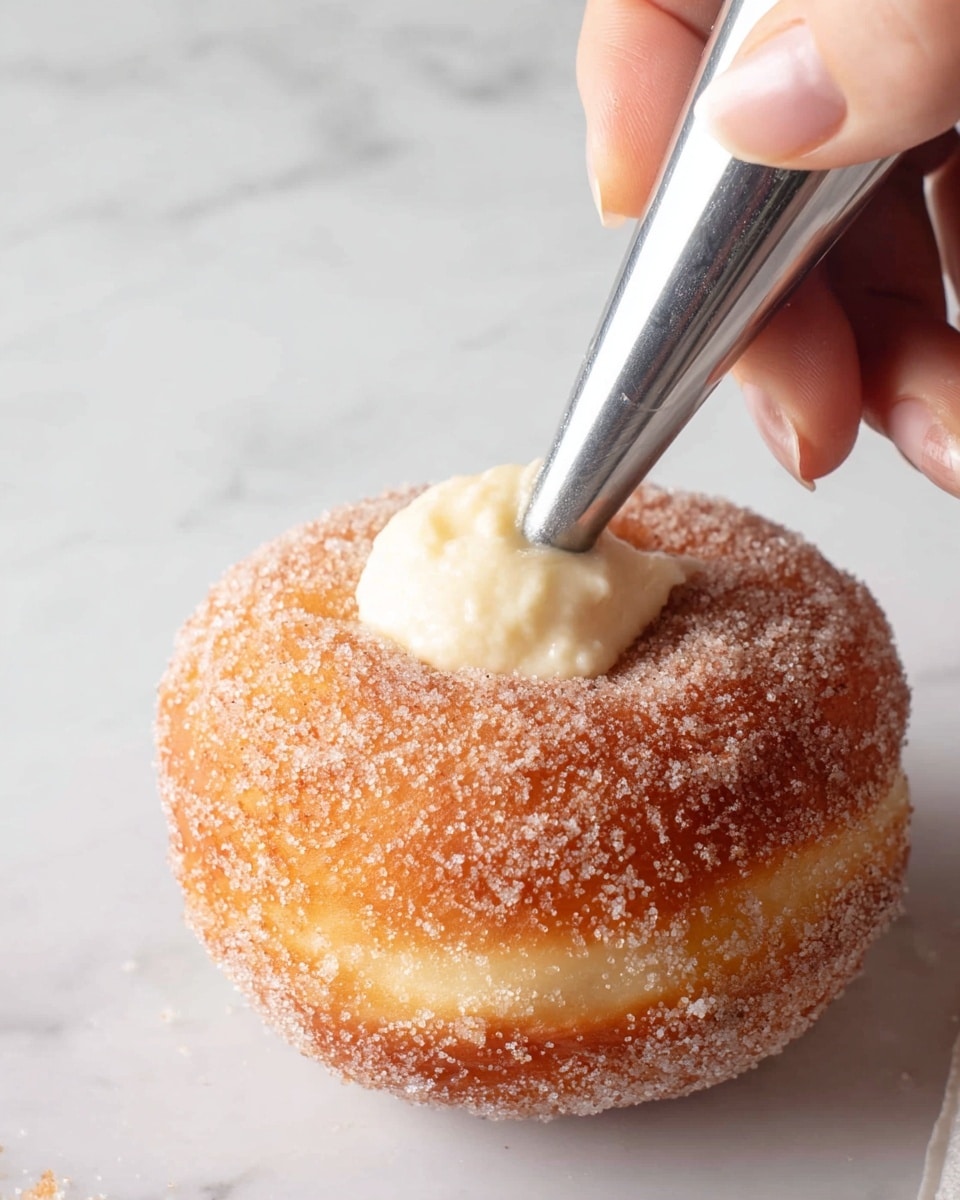 A close-up view shows a woman's hand holding a round doughnut covered in granulated sugar, while a metal piping tip filled with creamy pale yellow filling is being inserted into the doughnut’s side, ready to fill its inside. The doughnut’s golden-brown surface is textured with sugar crystals, giving it a slightly rough look. The background features a soft white marbled texture. Photo taken with an iphone --ar 4:5 --v 7