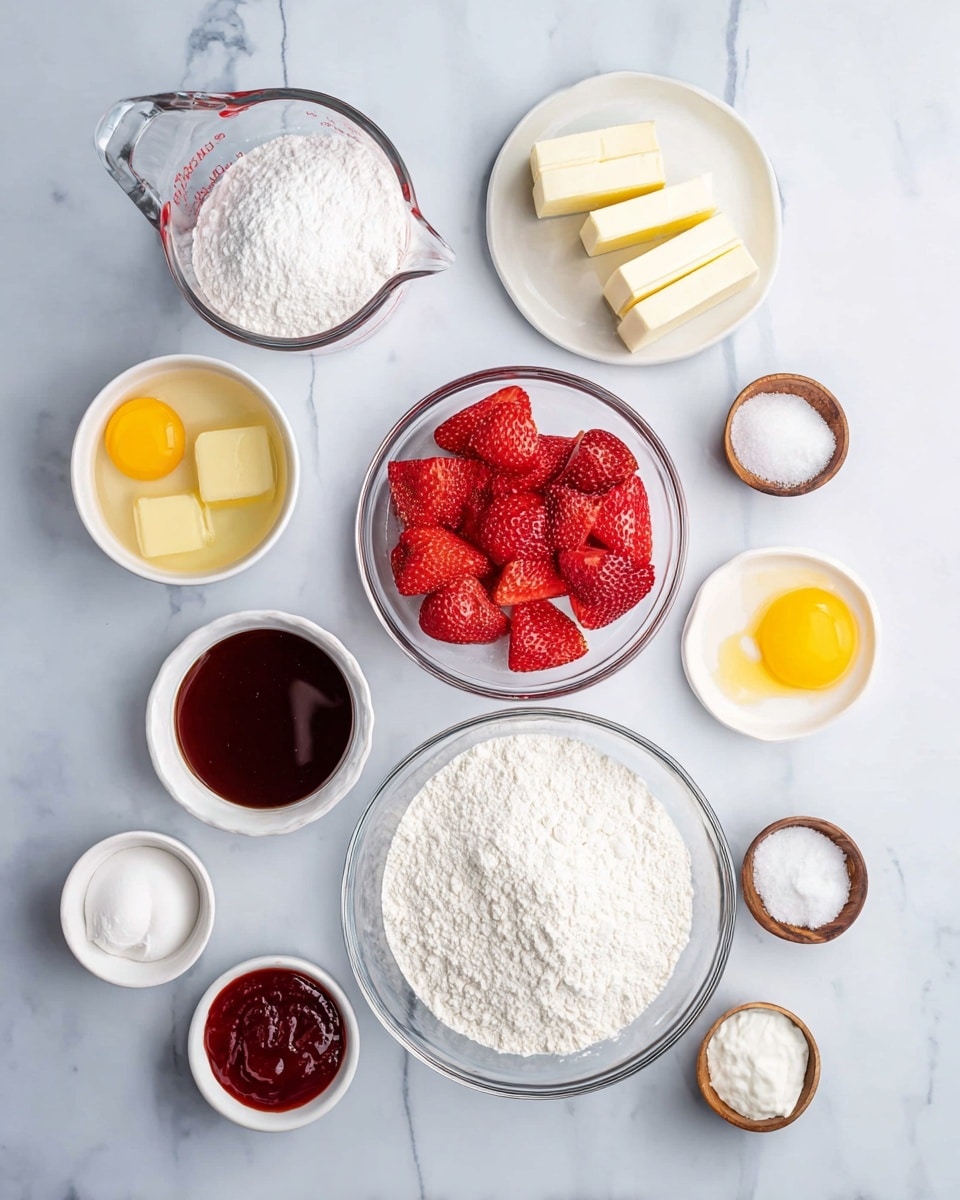 The image shows a white marbled surface with various baking ingredients arranged neatly. In the center is a clear glass bowl filled with white flour. Above it, a glass measuring cup holds a powdery white substance, likely powdered sugar. To the right of the flour bowl, a clear glass bowl contains bright red cut strawberries. Next to the strawberries are two sticks of butter wrapped in paper, pale yellow in color. Surrounding these main items are smaller white bowls and containers holding ingredients like white sugar, a light yellow liquid, two raw egg yolks in a white bowl, a small white bowl with cream, a white bowl with red jam, and two small wooden bowls with white salt and baking powder. The background is clean and bright, with everything neatly spaced. Photo taken with an iphone --ar 4:5 --v 7