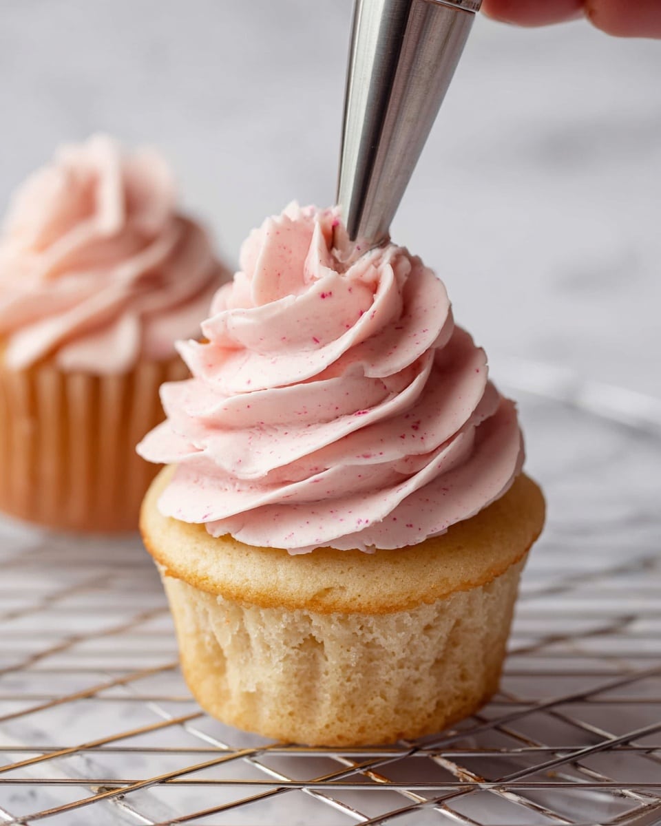 A light golden cupcake with a soft, slightly textured surface forms the base, topped by several thick swirls of pale pink frosting that has tiny darker pink specks inside, giving it a creamy and smooth look with gentle ridges from piping. The frosting curls up in a layered, ruffled pattern, creating a soft peak where a metal piping tip is adding the final touch, held by a woman's hand. The cupcake sits on a metallic cooling rack against a white marbled texture background, with a blurred second cupcake visible behind it. Photo taken with an iphone --ar 4:5 --v 7