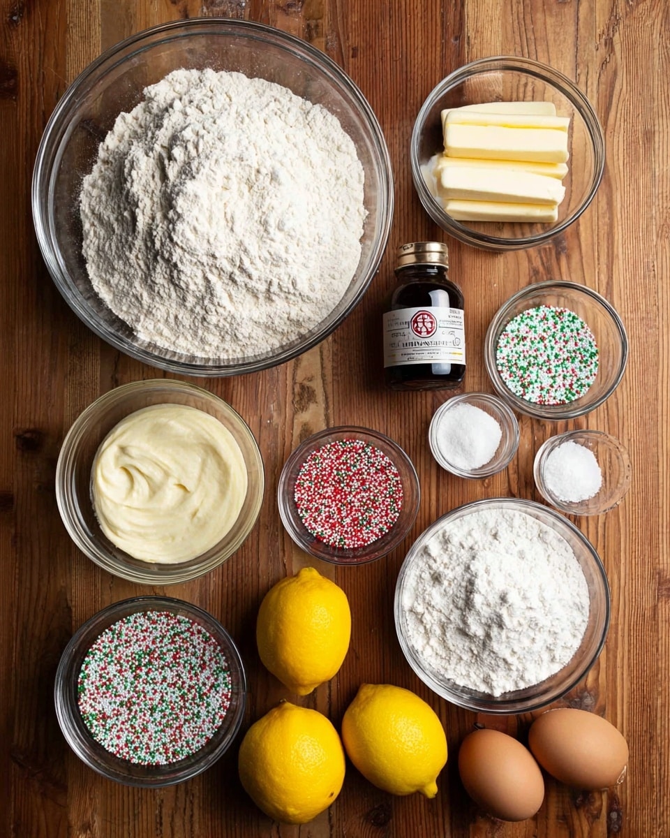 A top view shows a wooden table with several clear and metal bowls filled with baking ingredients laid out neatly. The largest clear bowl at the top holds a thick layer of white flour with a rough texture. Below it to the left is a smaller metal bowl filled with a creamy white substance. On the right side of the flour bowl are two small clear bowls, one with red, white, and green round sprinkles and the other with white powder. Two white sticks of butter are next to these bowls. Three bright yellow lemons are grouped near the middle right. At the bottom right is a metal bowl filled with white powder. Beside it sit two brown eggs and a small clear bowl holding colorful round sprinkles. Near the bottom left is a medium clear bowl filled with granulated white sugar. A dark glass bottle labeled Madagascar vanilla extract is placed near the center. The surface is a wood table with a warm tone. Photo taken with an iphone --ar 4:5 --v 7