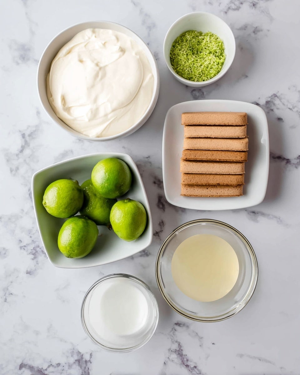 The image shows six different white bowls arranged on a white marbled surface. The top left bowl contains a smooth, thick white cream. Next to it on the right, a bowl holds a stack of light brown rectangular cookies. Below these, a square white bowl is filled with whole green limes. To the right of the limes, there is a round clear bowl filled with a pale yellow liquid, and next to it on the bottom left, another clear round bowl contains a white liquid. The smallest bowl, placed at the top right, holds bright green lime zest. Photo taken with an iphone --ar 4:5 --v 7