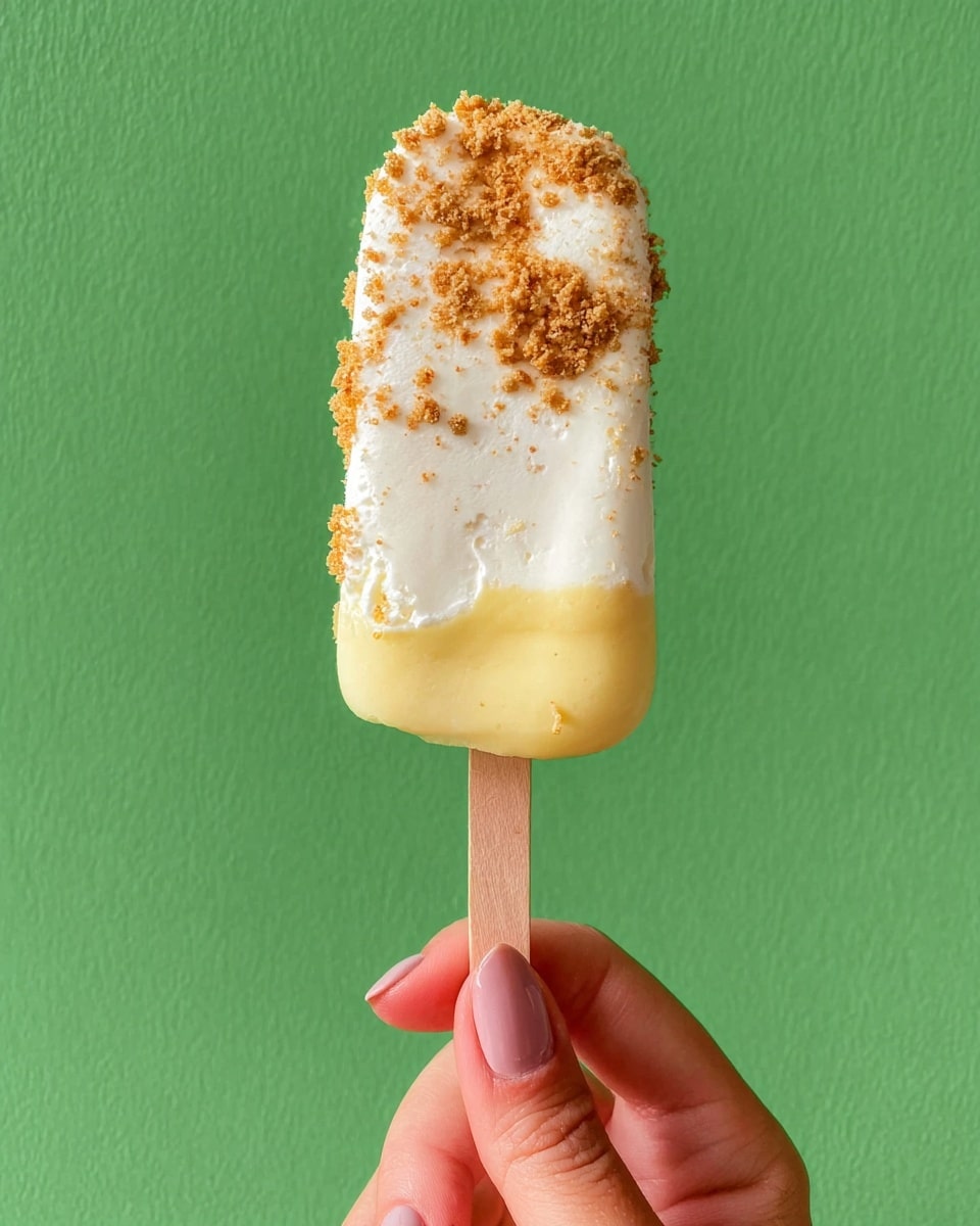 A woman's hand holds a popsicle with three clear layers: the bottom layer is smooth and light yellow, the middle layer is creamy white with a soft, fluffy texture, and the top layer is covered with small golden brown crumbs scattered unevenly. The background is a plain green color. photo taken with an iphone --ar 4:5 --v 7