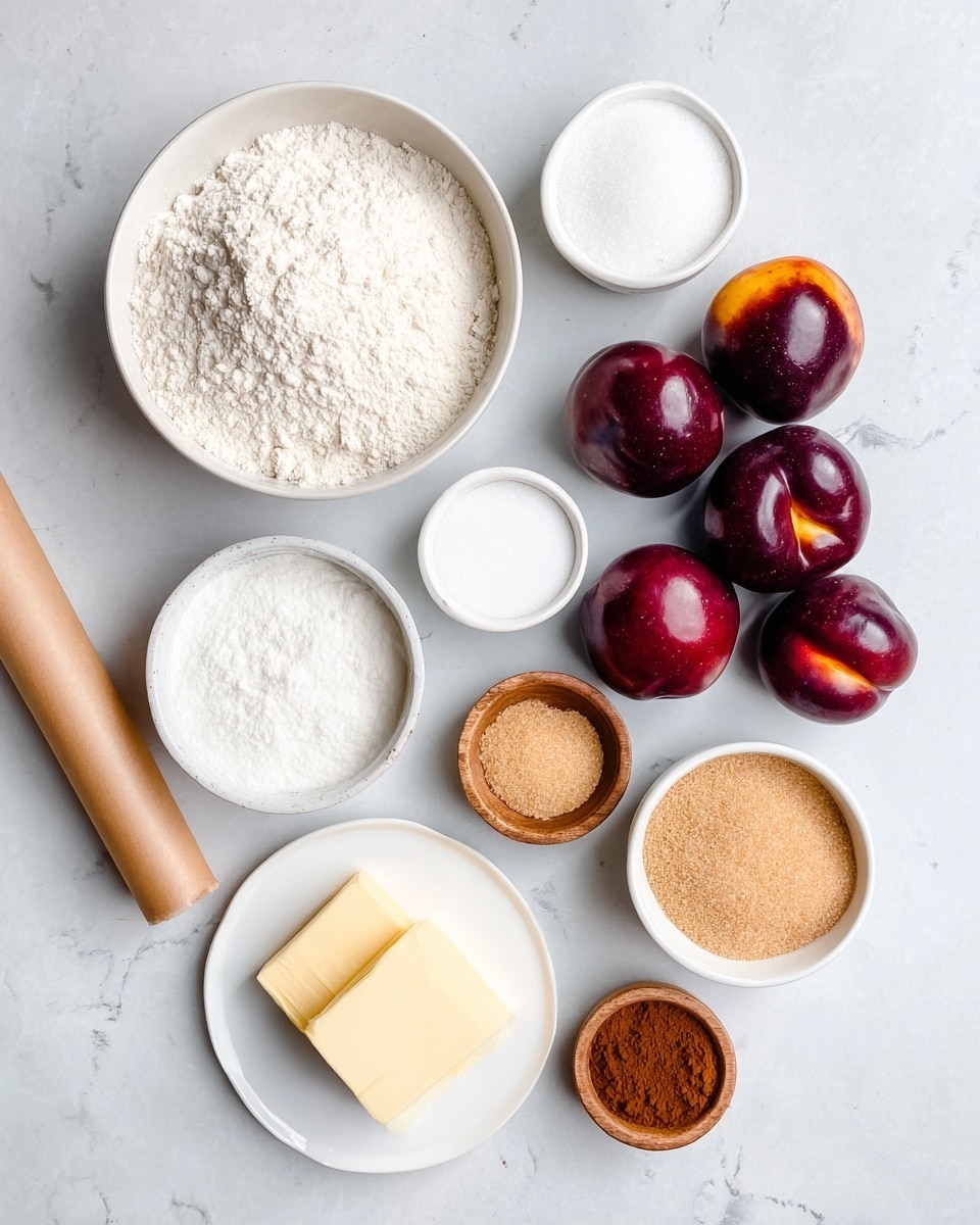 This image shows several baking ingredients arranged neatly on a white marbled surface. On the top left, there is a white bowl filled with white flour, below it is a smaller white bowl full of granulated white sugar. To the right, there is a cluster of six whole dark red plums with shiny skins and yellow-orange spots near the stems. Below the sugar bowl, there is another small white bowl containing powdered white substance, likely baking powder or similar. Directly next to it, a small white plate holds a stick of pale yellow butter and a smaller square piece of the same butter. Below the plums is a white ramekin filled with packed light brown sugar. Near this, another small white bowl contains ground cinnamon, and a tiny wooden bowl near the bottom contains coarse white salt. On the left side, a rolled piece of parchment paper is also visible. Photo taken with an iphone --ar 4:5 --v 7
