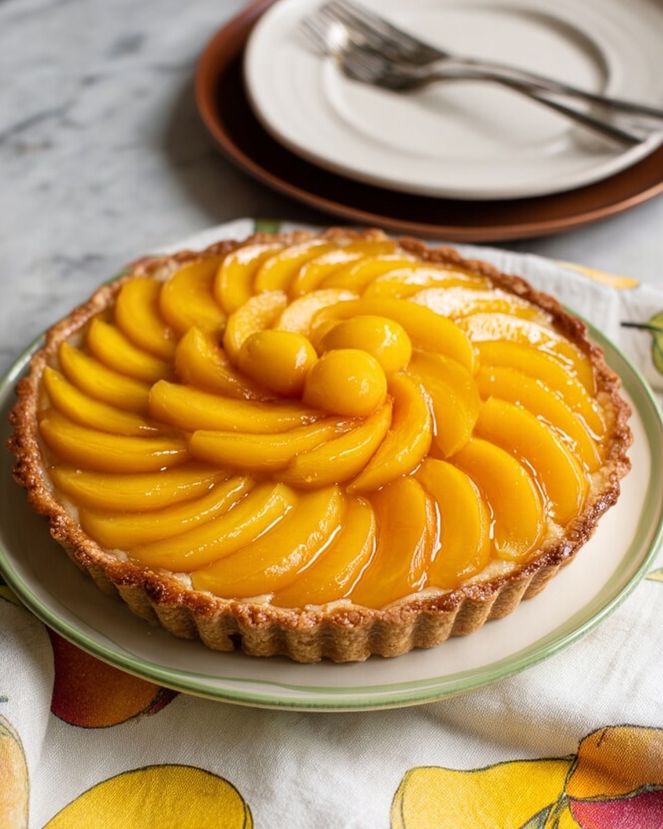 The image shows a round peach tart with a golden brown crust that has a slightly rough texture, sitting on a white plate with a subtle green edge. The tart's top is layered with thin, shiny peach slices arranged in concentric circles, starting from the outer edge and moving inward, ending with a small cluster of peach slices in the center. The peach slices are bright orange-yellow with warm highlights, and they look juicy and smooth. The plate is placed on a white marbled surface, partially covered by a white and yellow cloth with fruit patterns. In the background, there is a white plate with a brown edge and a silver fork resting on it. The photo taken with an iphone --ar 4:5 --v 7