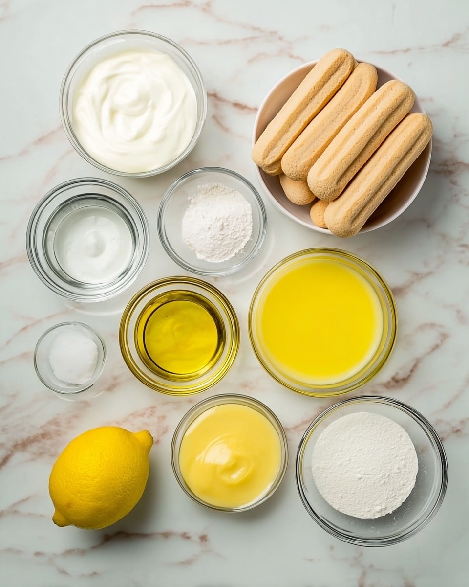 The image shows nine small clear glass bowls and one whole lemon arranged on a white marbled surface. The bowls hold different ingredients: clear water, thick white cream, smooth white milk, fine white sugar, bright yellow oil, thick yellow custard, soft white powder, and fresh lemon juice. One large bowl is filled with light brown ladyfinger biscuits stacked neatly. The whole lemon is bright yellow with a shiny surface placed near the lemon juice bowl. The photo is bright and evenly lit with soft shadows visible. photo taken with an iphone --ar 4:5 --v 7