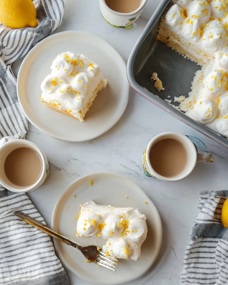 Two slices of a creamy dessert are placed on white plates over a white marbled surface. Each slice has two layers: a light yellow cake base and a thick top layer of white whipped cream shaped into round dollops, sprinkled with small bits of yellow zest. One slice has a fork digging into it, showing the soft cake underneath. Nearby, a gray baking dish holds the rest of the dessert, with cream dollops still visible on top. Two small white cups filled with a light brown liquid sit by the plates, and a striped cloth is partially draped nearby. Photo taken with an iphone --ar 4:5 --v 7