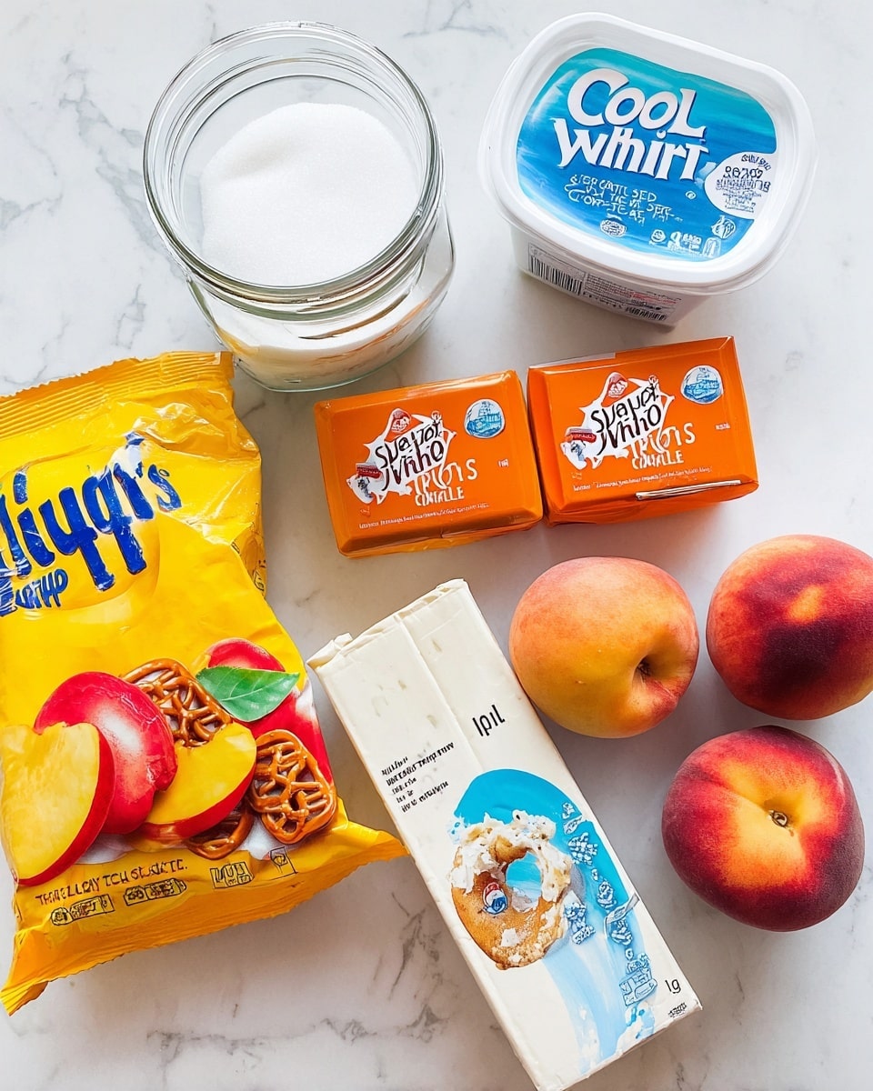A top-down view of various dessert ingredients arranged on a white marbled surface: a clear jar filled with white sugar labeled