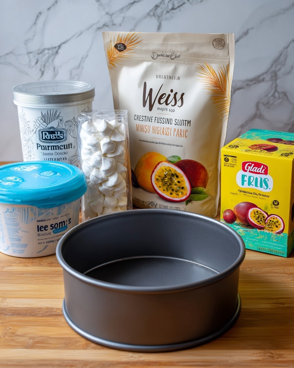 A round, dark metal springform pan sits in the center on a wooden surface with a white marbled texture background. Around the pan are various baking ingredients and tools: to the left, a blue container of iced cream and a clear package of white meringue nests with vanilla notes are visible. Behind the pan, there is a white tub labeled