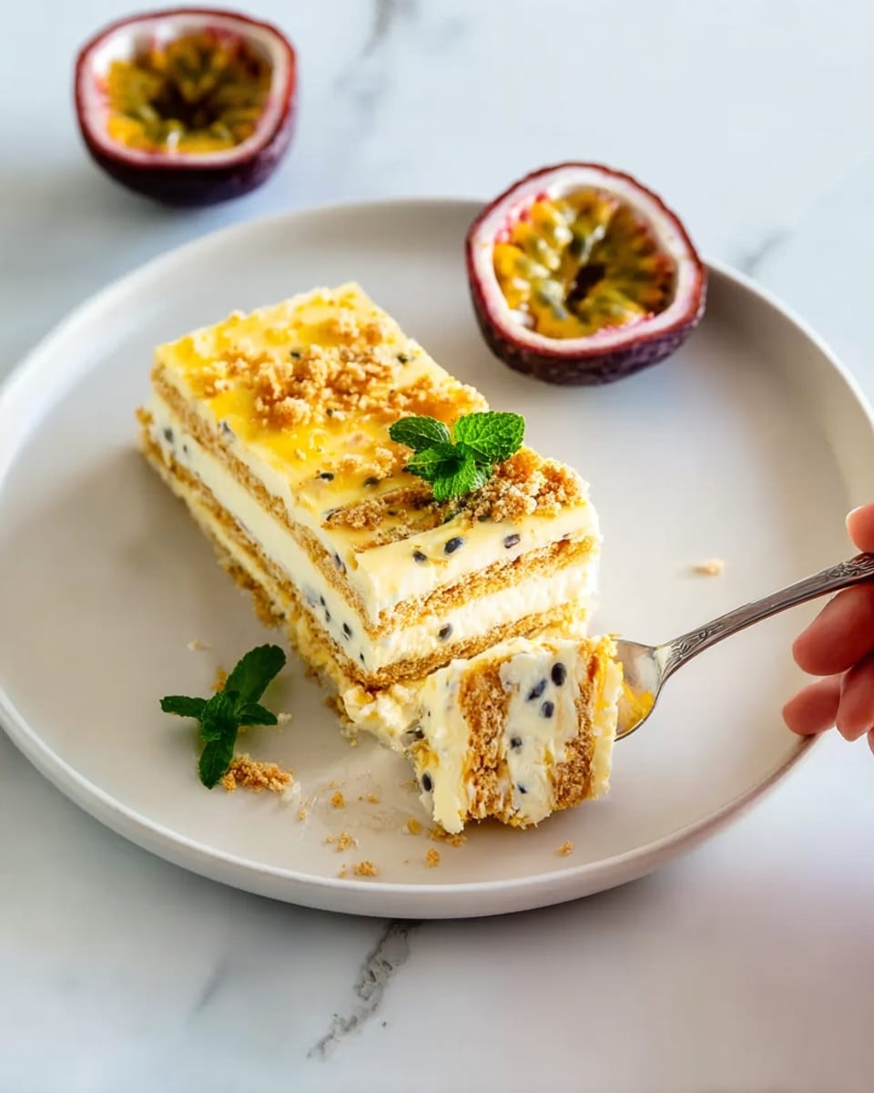 A white plate on a white marbled surface holds a rectangular slice of layered dessert with alternating light yellow creamy layers and thin golden brown crumbly layers. Specks of dark seeds are visible in the creamy layers, hinting at passion fruit. On top of the dessert and around the plate, there are two halves of passion fruit with orange pulp and black seeds, along with a small green mint sprig for decoration. A silver spoon scoops a bite from one corner of the dessert, held by a woman's hand. Photo taken with an iphone --ar 4:5 --v 7