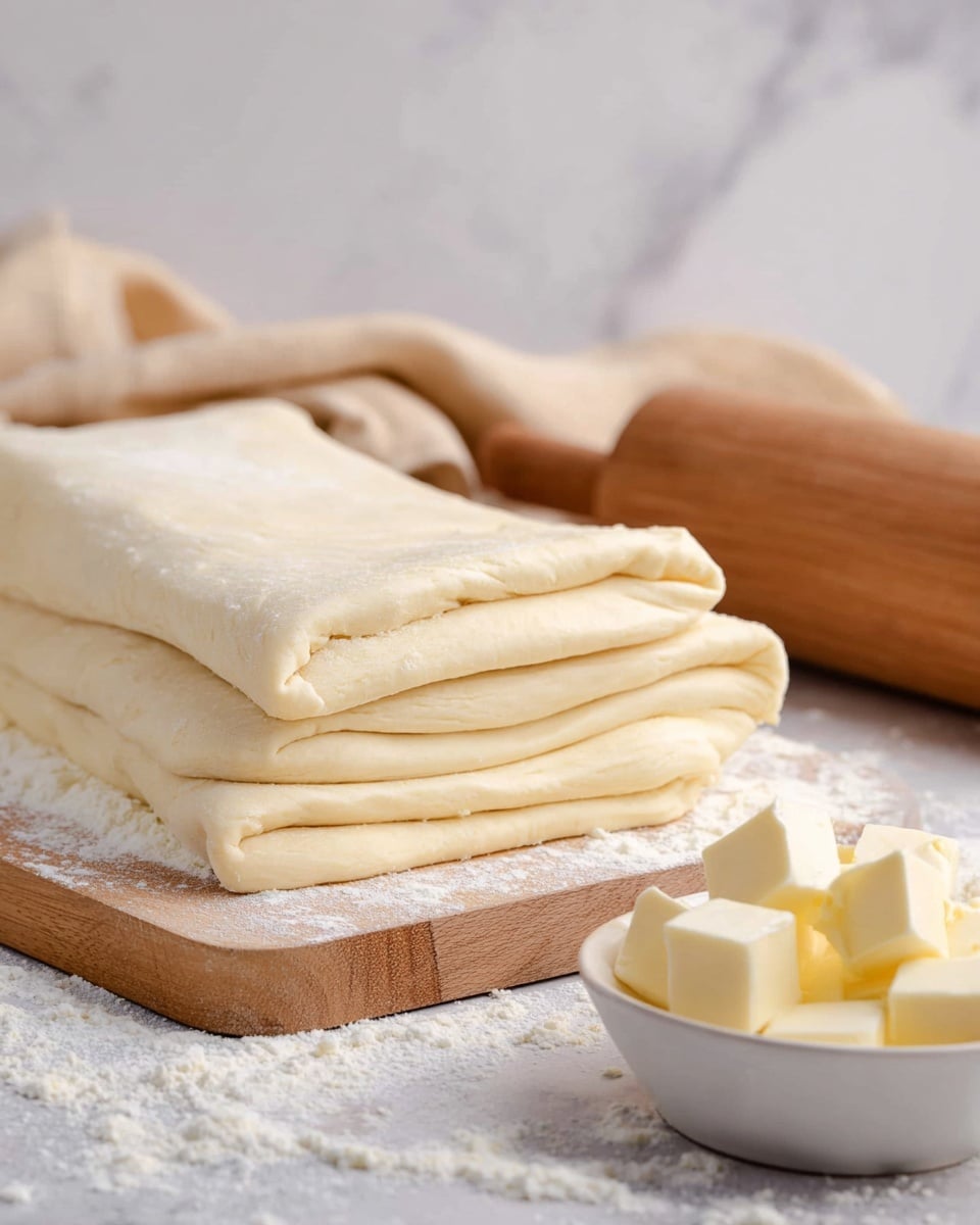 A close-up image showing a thick stack of pale dough folded into three visible layers, each with smooth and soft texture, sitting on a light wooden board sprinkled with white flour. In front and slightly to the right is a small white bowl filled with small cubes of butter. Behind the dough, there is a wooden rolling pin resting on a beige cloth, and the background features a soft white marbled texture. photo taken with an iphone --ar 4:5 --v 7
