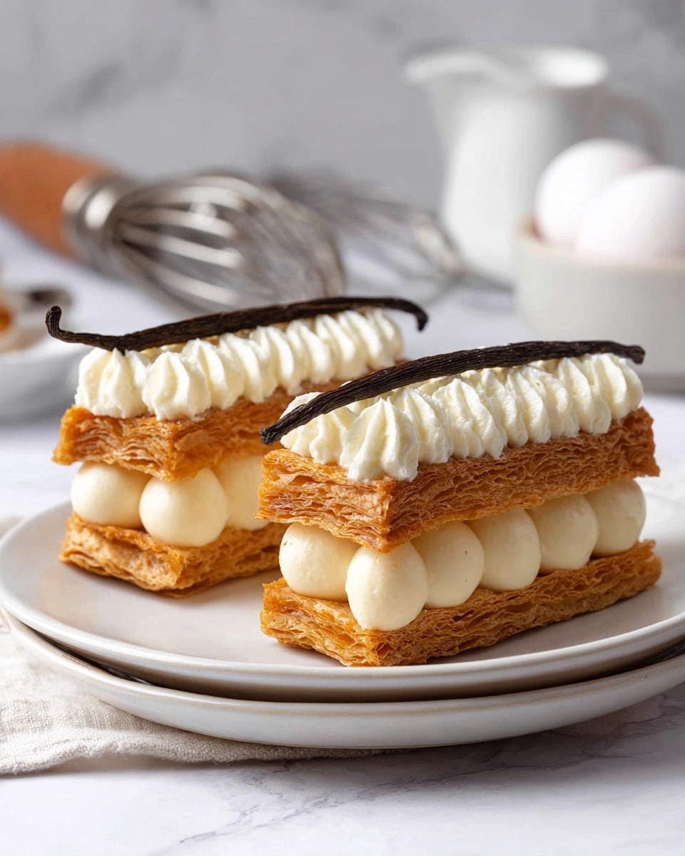 Two layered pastries are shown on a white plate with stacked white plates underneath, placed on a white marbled surface. Each pastry has three rectangular layers of crispy golden-brown puff pastry with smooth, round dollops of creamy white filling evenly piped between the layers. The top layer is decorated with a thick, swirled layer of white cream, crowned with a dark brown dried vanilla bean. The background features a blurred white pitcher, a metal whisk, and a white bowl holding white eggs. photo taken with an iphone --ar 4:5 --v 7