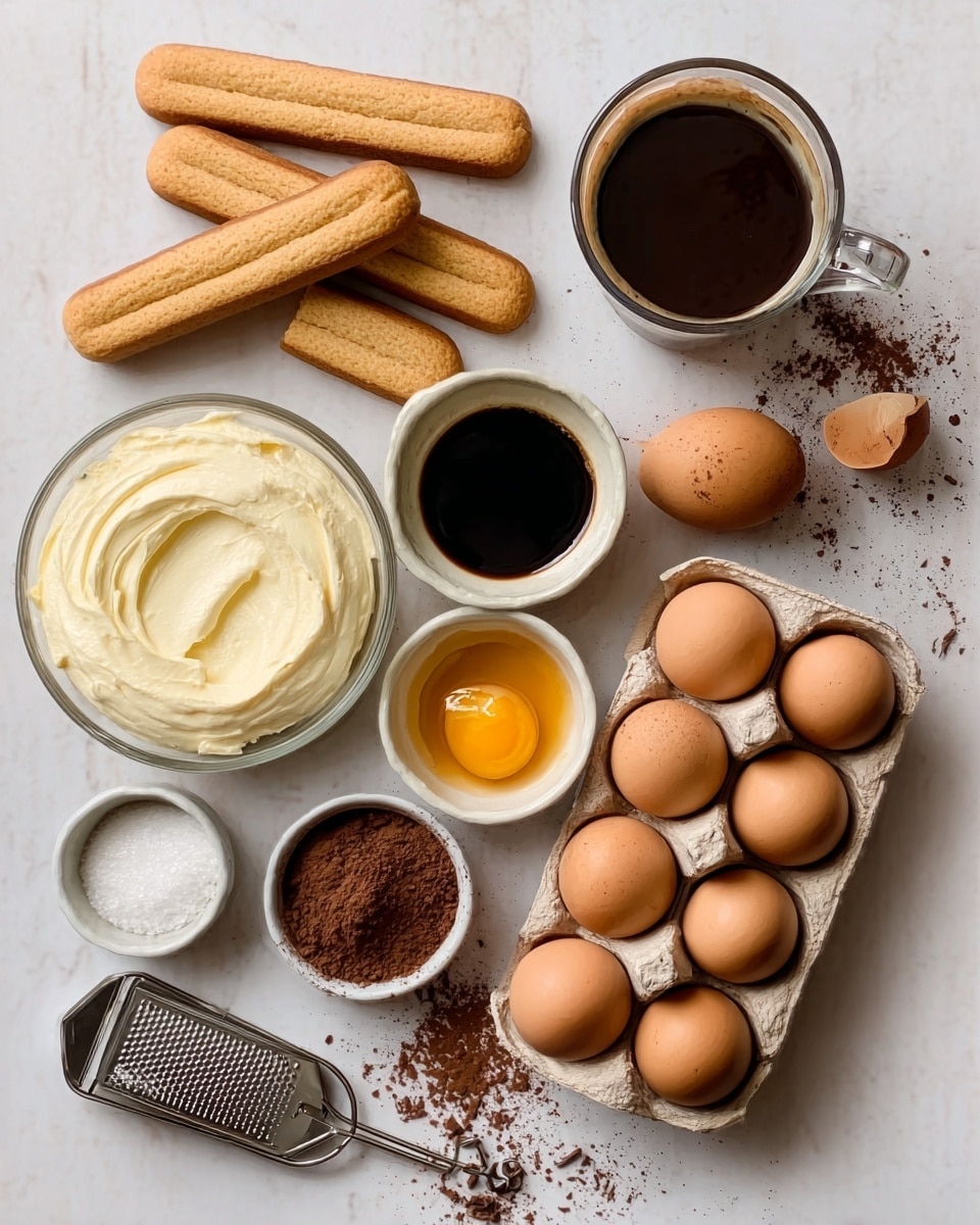 The image shows a white marbled surface with cooking ingredients neatly arranged. There are light brown ladyfinger biscuits placed diagonally on the left side. Next to them is a glass cup filled with dark brown coffee. Below the coffee cup, a small white bowl holds smooth, creamy white mascarpone cheese. To the right, there is a cardboard egg carton with six brown eggs, one of which is cracked open showing its yellow yolk. Near the eggs, a small white bowl contains dark liquid, possibly vanilla extract, and beside it, a tiny amount of brown cocoa powder rests on the surface. A small pile of white granulated sugar is placed near the bottom center of the image. There is also a silver grater with some chocolate shavings scattered nearby in the lower left area. The overall setup looks clean and ready for dessert making. Photo taken with an iphone --ar 4:5 --v 7