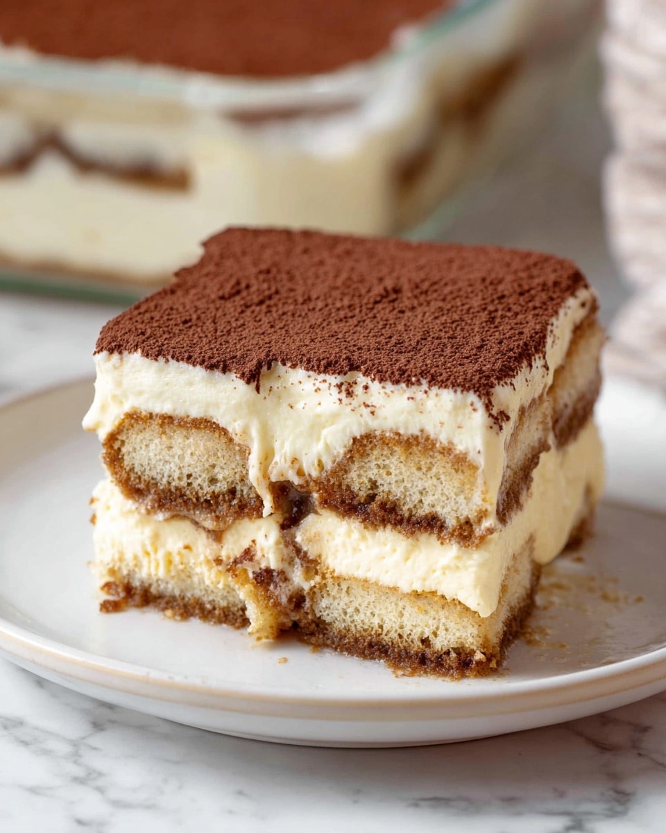 A close-up of a square piece of tiramisu on a white plate shows four layers: the bottom and third layers are light brown soaked ladyfingers with a soft, moist texture; the second and top layers are thick, creamy off-white mascarpone cheese; the very top is evenly dusted with dark brown cocoa powder. The edges of the dessert are smooth with some cream slightly melting down the side. In the background, part of the glass container with more tiramisu is visible, all set on a white marbled surface. Photo taken with an iphone --ar 4:5 --v 7