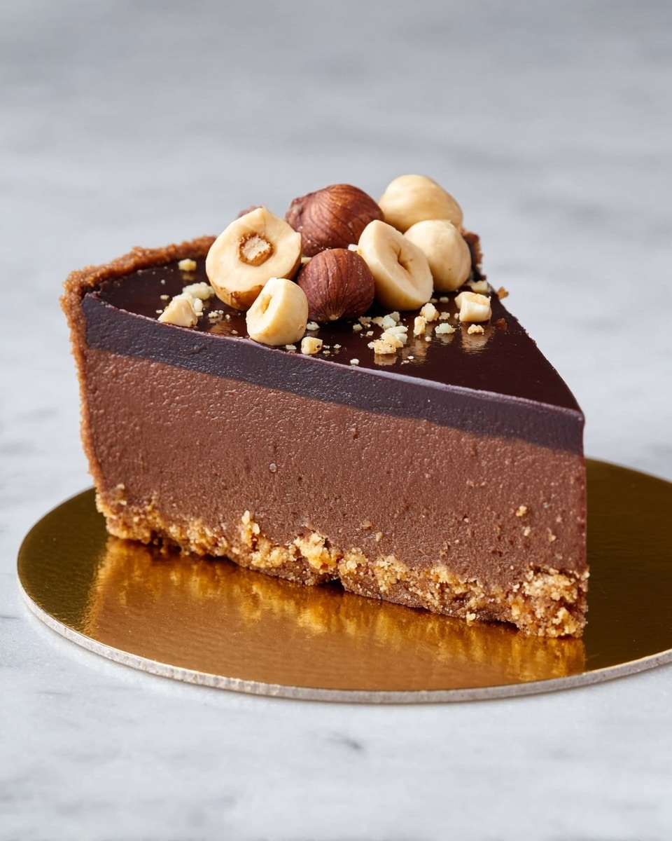A single slice of chocolate tart sits on a white marbled surface, placed on a shiny gold round base. The tart has three visible layers: a crumbly light brown crust at the bottom, a thick and smooth dark chocolate filling in the middle, and a glossy dark chocolate layer on top. The top layer is decorated with whole and halved hazelnuts, along with some crushed nut pieces scattered gently. The tart slice is shown from a side angle, highlighting the rich texture and neat edges. photo taken with an iphone --ar 4:5 --v 7