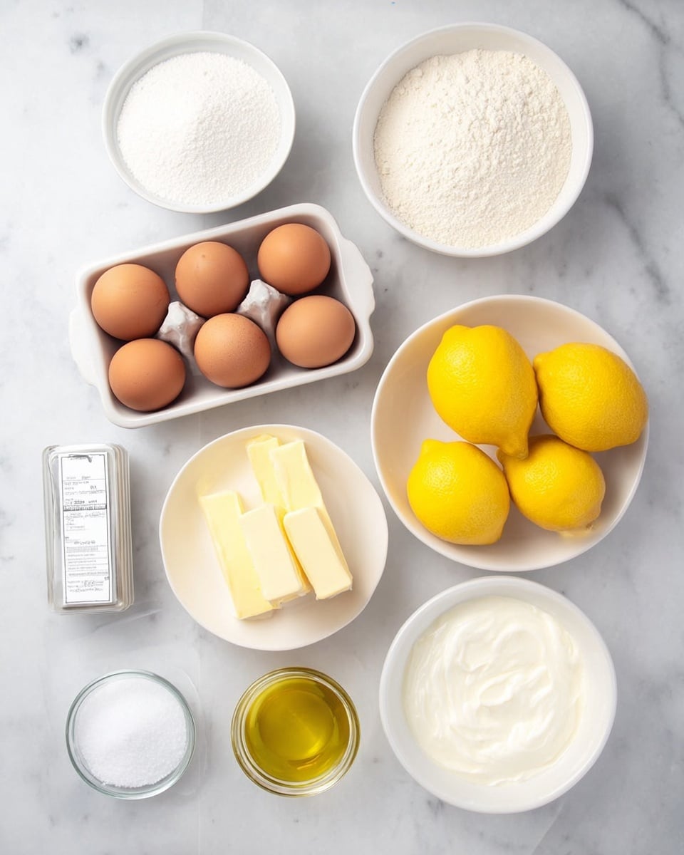 A top-down view of various baking ingredients neatly arranged on a white marbled surface. There are two white bowls at the top, one filled with sugar and the other with flour, both textured with small granules. Below them, a rectangular white container holds six brown eggs with smooth shells. To the right, a white bowl contains five bright yellow lemons with a glossy peel. Below the eggs, there is a small clear glass cup with a golden liquid, likely oil, and beside it, a small clear glass bowl holding two pale yellow sticks of butter. To the side, there is a small bowl of white granulated sugar and a white ceramic bowl filled with white sour cream or yogurt that has a soft texture. A salt container with a white label lies diagonally on the bottom left. All items sit clearly spaced on the simple white marbled texture background. photo taken with an iphone --ar 4:5 --v 7