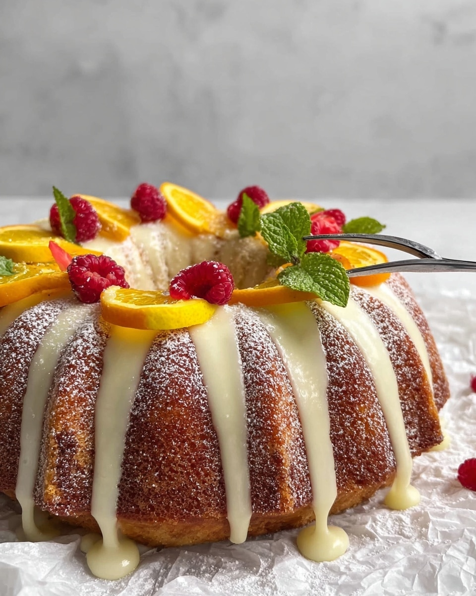 A round bundt cake with a smooth white glaze dripping over the curved ridges, dusted lightly with powdered sugar on top and sides. The top surface is decorated with thin slices of bright yellow lemon, orange segments, fresh red raspberries, and green mint leaves placed evenly around the center hole. A pair of tweezers is holding a mint leaf, adding detail to the decoration. The cake rests on crumpled white parchment paper, set against a white marbled surface in the background. photo taken with an iphone --ar 4:5 --v 7