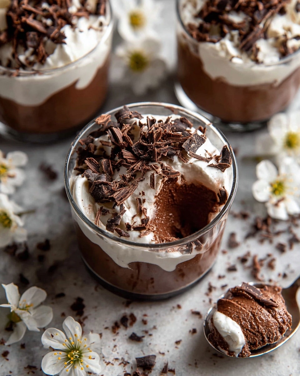 A clear glass cup holds a dessert with three layers: a thick dark brown chocolate mousse at the bottom, a smooth white cream layer in the middle, and a top layer covered with small dark chocolate curls scattered all over. A silver spoon is inside the dessert, lifting a scoop of the chocolate mousse with some cream on top. Around the cup, there are white small flowers with yellow centers on a white marbled surface. Nearby, two more similar dessert cups are partly visible, also topped with white cream and dark chocolate curls. Photo taken with an iphone --ar 4:5 --v 7