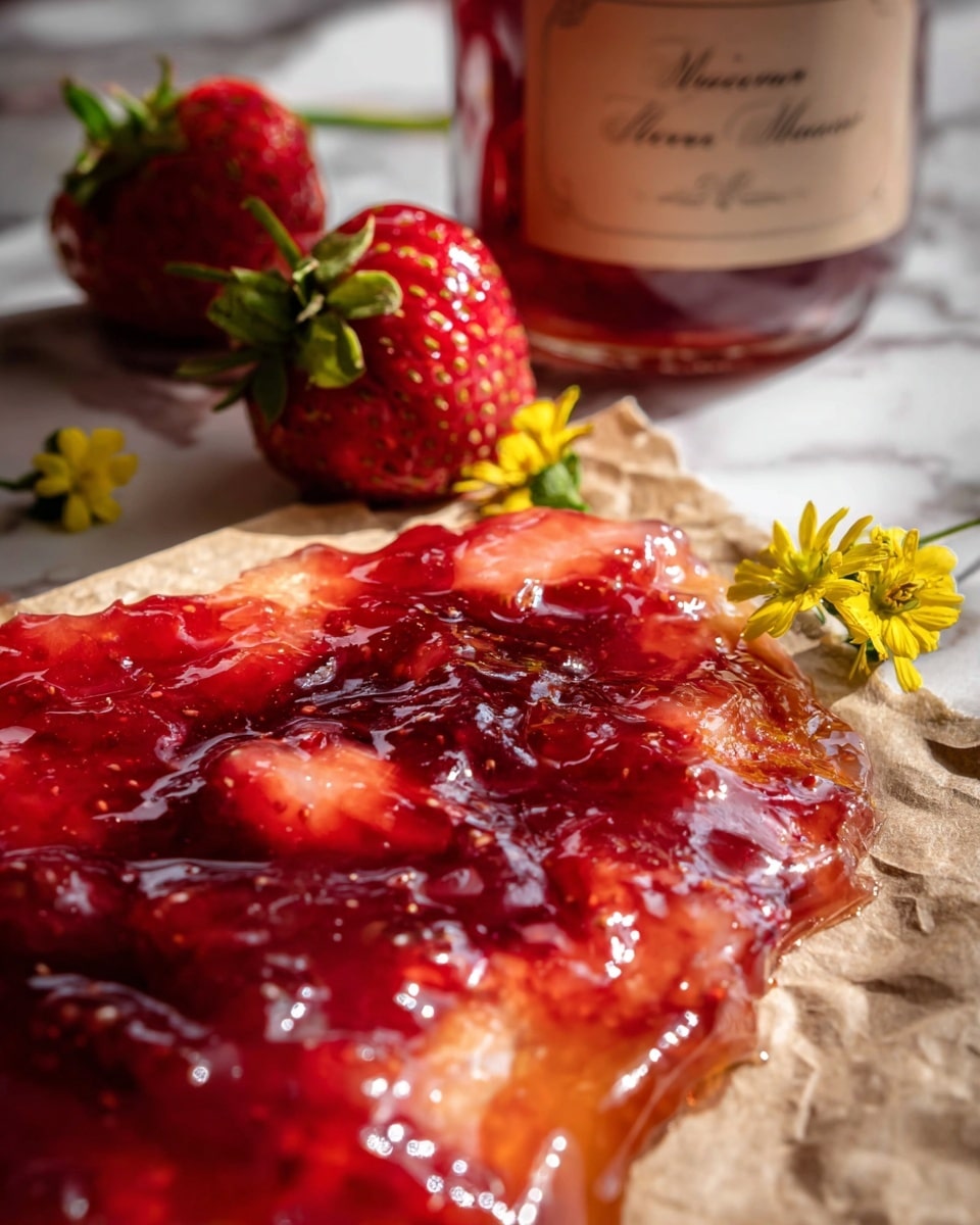 A close-up view of bright red strawberry jam spread unevenly on a piece of parchment paper with a shiny, sticky texture and some whole strawberry pieces visible within the jam. Two whole strawberries with green tops lie to the left, partially resting on the paper, and two small yellow flowers with green stems are placed on and near the jam. In the blurred background, there is a clear jar with a beige label featuring cursive writing, and the whole scene rests on a white marbled surface. The lighting highlights the shiny texture of the jam and the fresh look of the strawberries and flowers, photo taken with an iphone --ar 4:5 --v 7