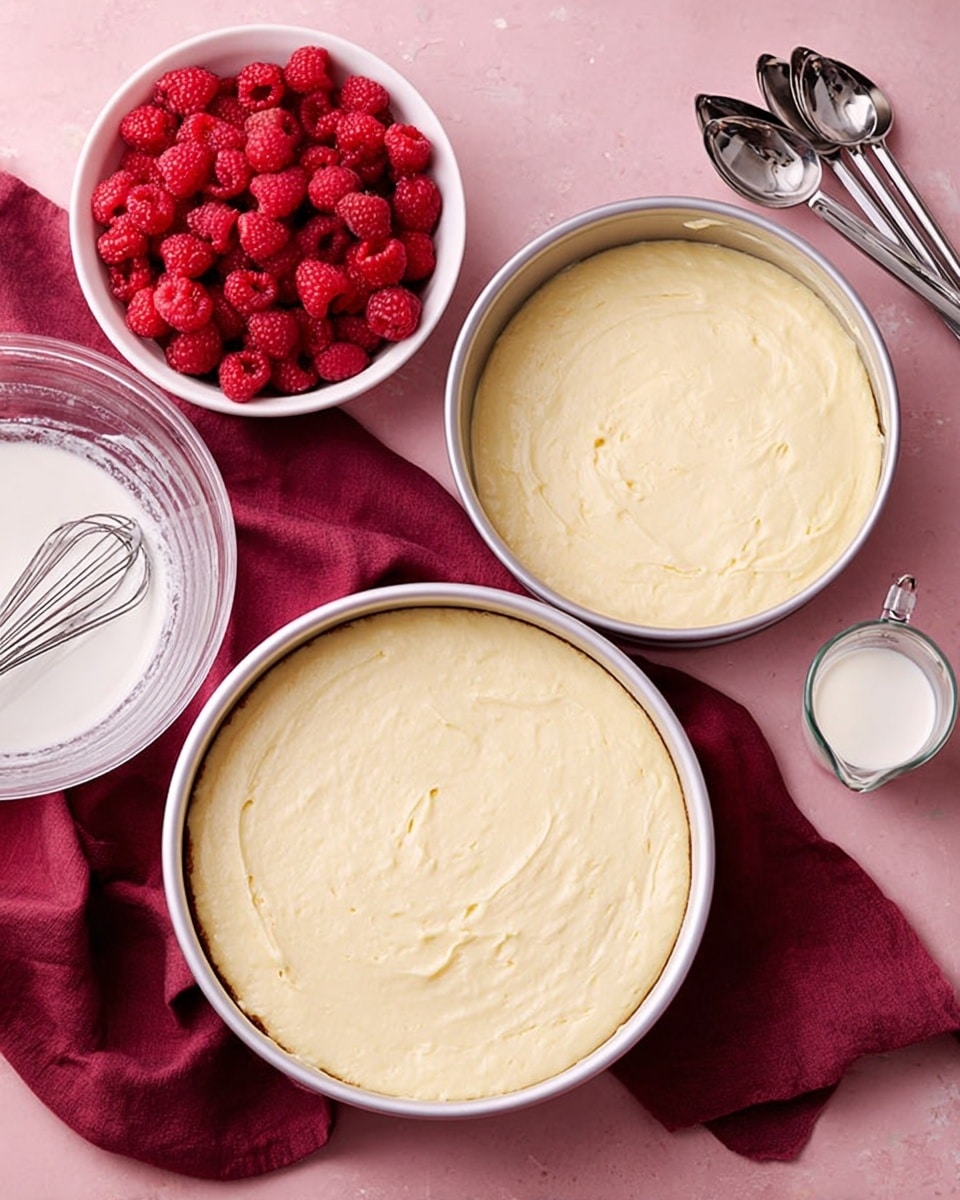 Two round white cake pans filled with smooth, light yellow batter sit on a pink surface with a deep red cloth nearby. Next to the pans is a clear glass bowl with a metal whisk resting inside, coated with creamy batter. There is a white bowl full of fresh red raspberries and a clear measuring cup with a little milk inside. Several shiny metal measuring spoons are arranged near the top right. The scene shows a soft, creamy texture in the batter, ready for baking. Photo taken with an iphone --ar 4:5 --v 7