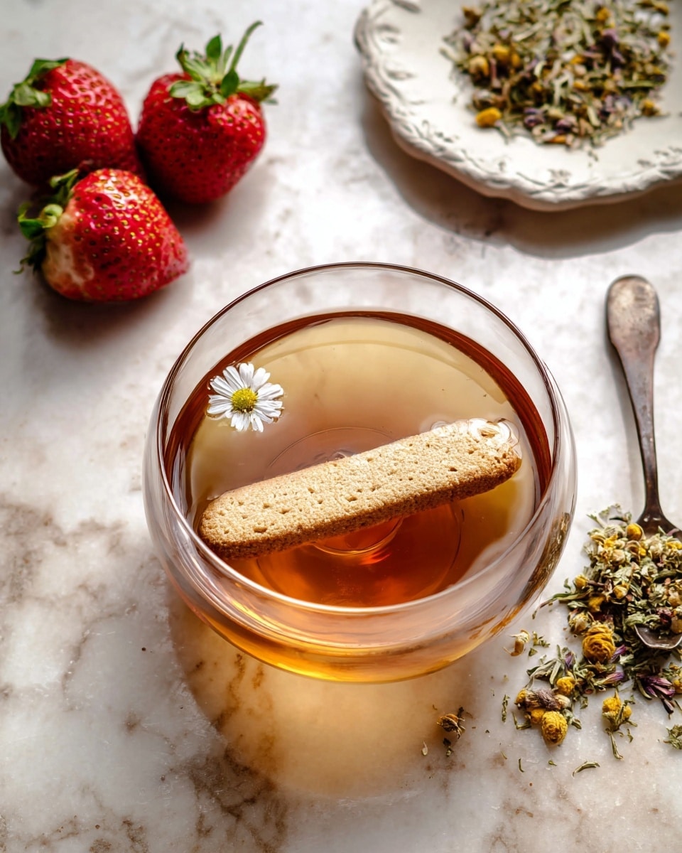 A clear round glass bowl filled with light brown tea, with a single long ladyfinger biscuit floating on top; inside the bowl, a small white flower petal rests near the biscuit. Around the bowl, there are three fresh red strawberries with green leaves placed on a white marbled surface. To the side, a white plate holds some loose dried herbs with a small white flower on top and an old metal spoon lying on it. Photo taken with an iphone --ar 4:5 --v 7