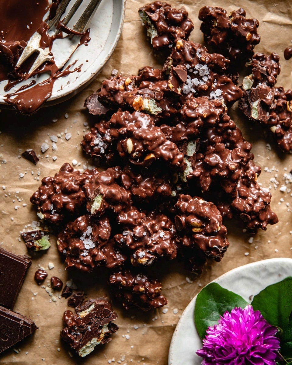 A pile of small chocolate clusters with a rough texture and shiny finish spread on a brown paper surface with some salt flakes scattered on top; to the left is a white plate with melted chocolate and a fork resting on it showing drips of chocolate; broken pieces of chocolate bars with nuts inside are mixed among the clusters; in the bottom right corner, a white plate with green leaves and a bright purple flower sits on a white marbled texture; the overall color is dark brown from the chocolate with some green and purple from the flower and leaves photo taken with an iphone --ar 4:5 --v 7