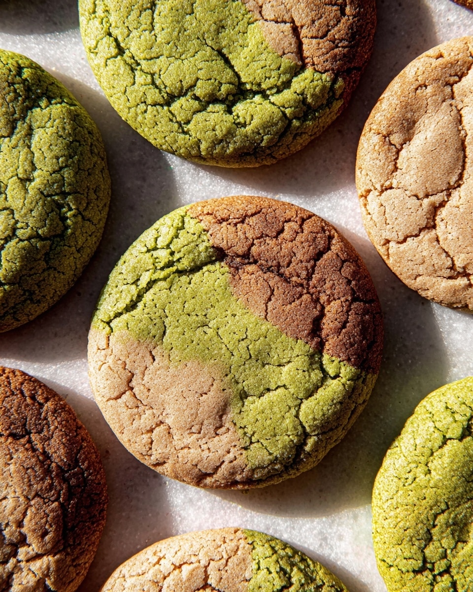 The image shows round cookies with a two-color split design, placed on a white marbled texture. Each cookie has two main halves: one side is a bright green with a cracked, slightly rough texture, while the other side is a light brown with a similar cracked surface and a slightly raised pattern. The cookies lie flat and close to each other, with sunlight casting soft shadows on them. The overall look is rustic with a clear division between the two colors. photo taken with an iphone --ar 4:5 --v 7