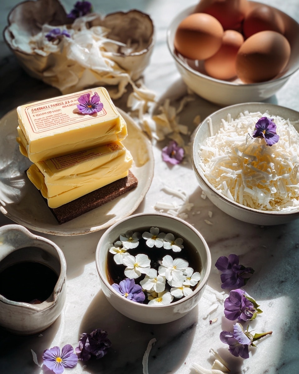 The image shows a close-up of several cooking ingredients arranged on a white marbled surface with soft natural light creating shadows. In the front, there is a small white bowl filled with clear liquid and floating white and purple edible flowers. Behind it, two sticks of yellow butter wrapped in paper are stacked, with a small purple flower on top. To the right, a white bowl holds a large pile of white shredded coconut, also decorated with a purple flower. Behind that, there is a white bowl with several brown eggs and another white bowl with a dark brown block of brown sugar. In the front left, a small white cup contains a dark liquid, likely vanilla extract. Some white flower petals are scattered on the surface. The light and textures are soft and clear, showing a calm and natural kitchen scene. photo taken with an iphone --ar 4:5 --v 7