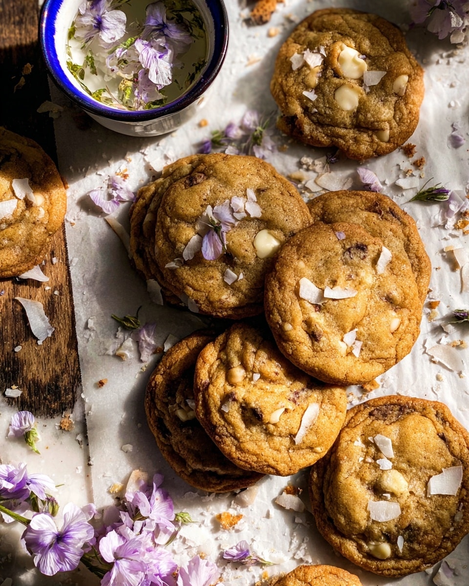A group of golden-brown cookies with visible chocolate chips and white coconut flakes, spread on a piece of parchment paper over a wooden surface with a white marbled texture in the background; the cookies have a soft, textured look and are clustered in two layers, some overlapping; small white and purple edible flowers are scattered among the cookies, adding a delicate touch; on the left side, there is a white cup with a blue rim, filled with water and floating white and purple flowers; light and shadow play across the scene creating warm highlights and soft shadows photo taken with an iphone --ar 4:5 --v 7