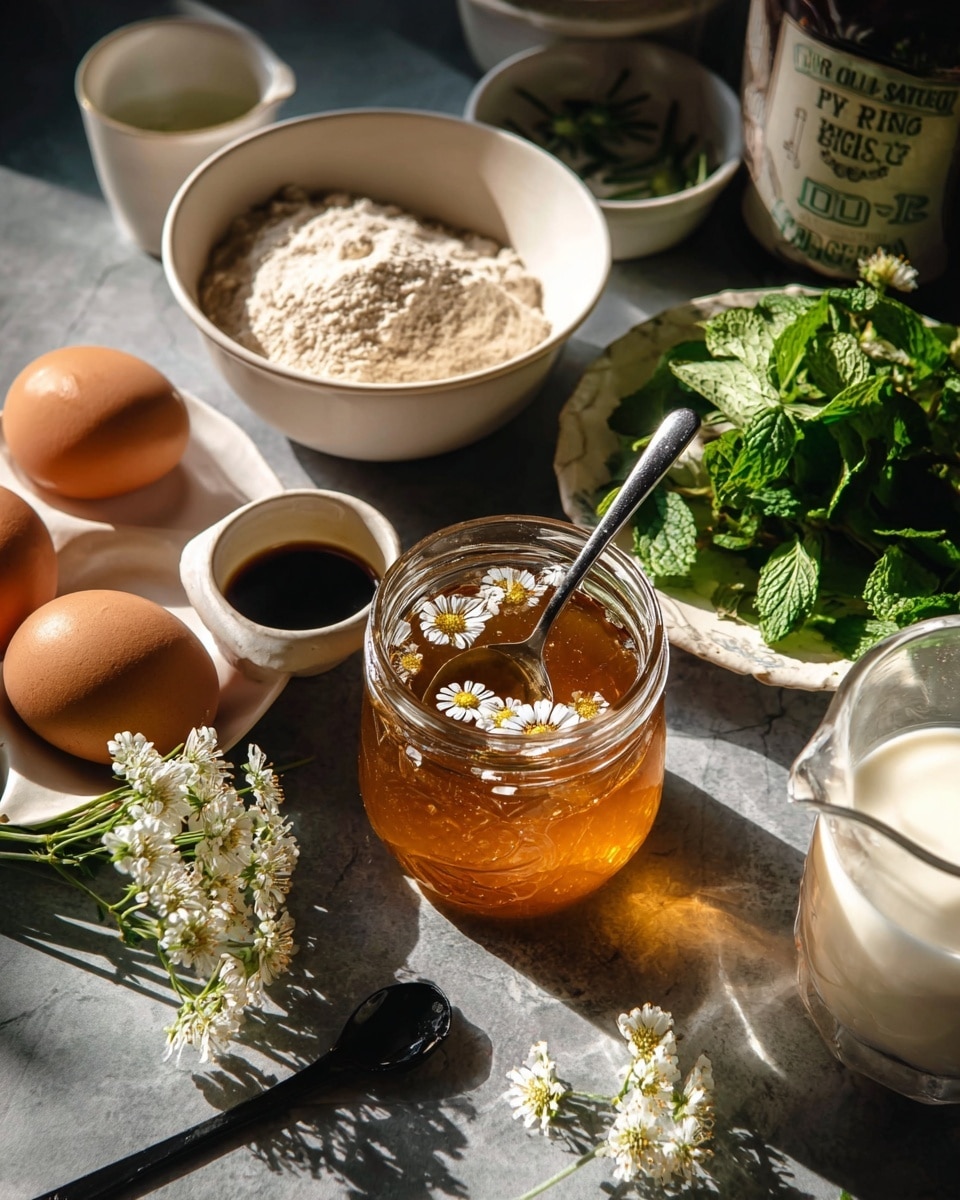 The image shows a close-up of baking ingredients arranged on a dark surface with sunlight casting shadows. In the center is a glass jar filled with golden honey, with a spoon inside and small white flowers floating on top. Behind it, there is a white bowl filled with light brown flour. To the left, a white bowl holds three brown eggs, one decorated with a small white flower. Further back, a small white cup contains a dark liquid, likely vanilla extract. On the right, a white plate is filled with fresh green mint leaves and small white flowers, with a black spoon resting on it. At the front right, a clear glass pitcher holds white coconut milk. More small white flowers are scattered on the surface near the jar of honey. The overall scene has warm natural light with bright highlights and soft shadows, on a white marbled textured surface. photo taken with an iphone --ar 4:5 --v 7
