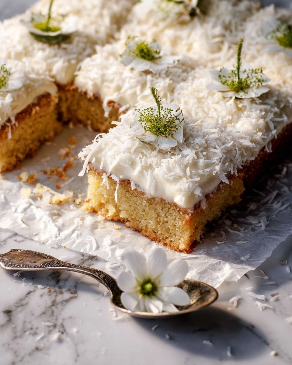 A square-shaped cake with a golden-brown base layer topped with a thick, creamy white frosting. The frosting is covered with shredded white coconut flakes, giving it a textured and fluffy appearance. Small white flowers with green centers and green sprigs are scattered on top as decoration. One slice is slightly pulled out, showing the dense but soft cake texture. The cake sits on a white marbled surface with a vintage silver spoon holding a white flower beside it. Photo taken with an iphone --ar 4:5 --v 7