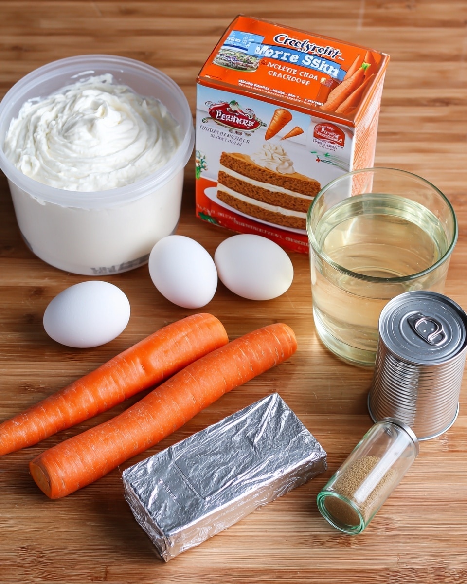 The image shows ingredients for a carrot cake on a wooden surface. There is a large white container of whipped topping on the left, next to three white eggs. Two whole bright orange carrots lie horizontally in front of a box of Betty Crocker Super Moist Carrot cake mix, which is orange and white with a picture of a two-layer carrot cake with white frosting. In front of the carrots, there is a silver-wrapped block of cream cheese. To the right, a glass with a pale yellow liquid sits next to a closed silver can, a clear glass measuring cup filled with water, and a glass spice bottle with a green lid containing a light brown powder. The photo has a clean bright look. photo taken with an iphone --ar 4:5 --v 7