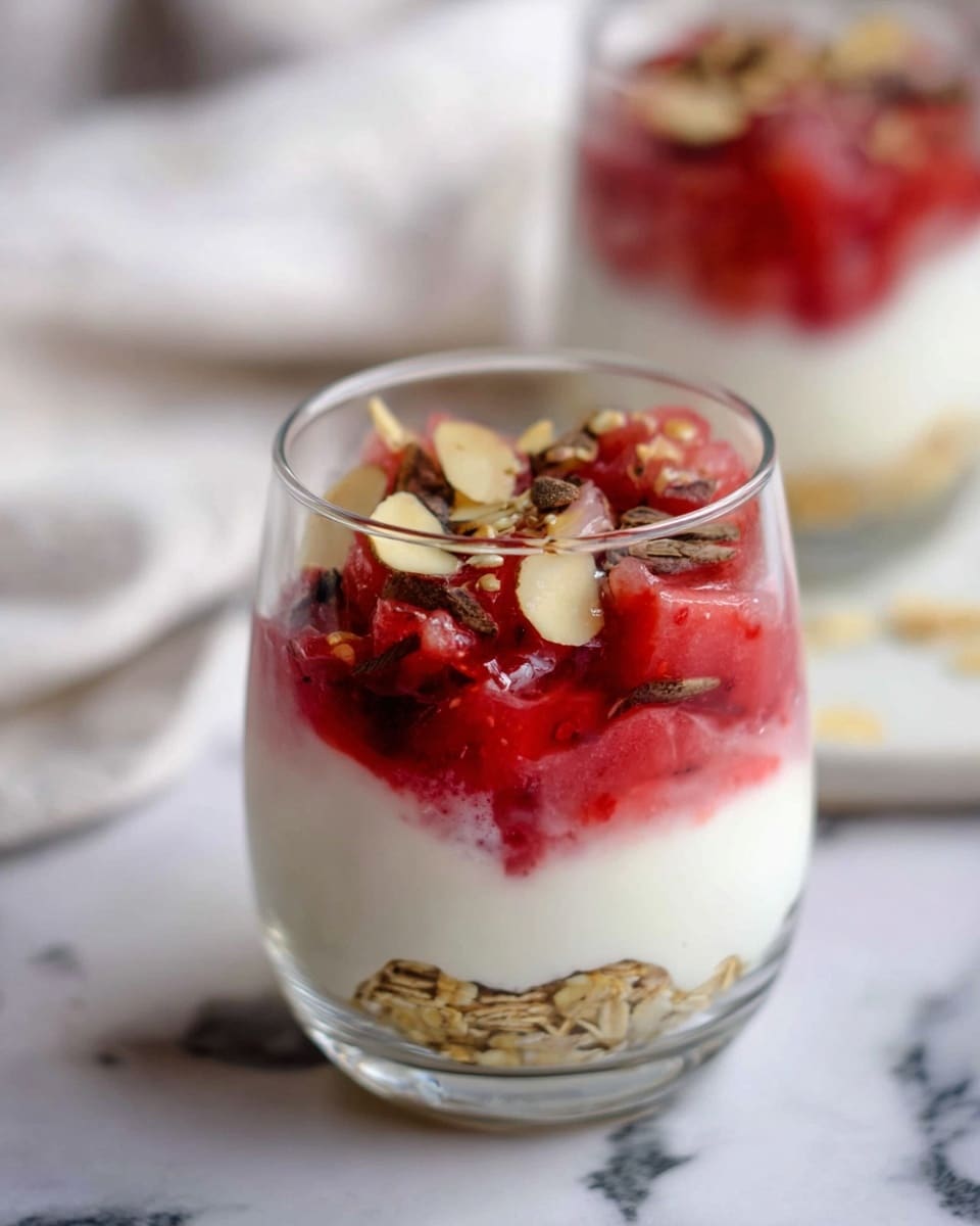 A clear glass shows a three-layer sweet dish placed on a white marbled surface. The bottom layer is golden brown oats, providing a crunchy base. The middle layer is thick and creamy white yogurt, smoothly covering the oats. The top layer is a bright red fruit mixture with chunks of soft fruit, likely rhubarb, mixed with dark tiny seeds. Scattered on top are thin almond slices adding texture and a light tan color. In the background, a second glass with the same layers is slightly blurred, and a white cloth is seen in soft focus. photo taken with an iphone --ar 4:5 --v 7