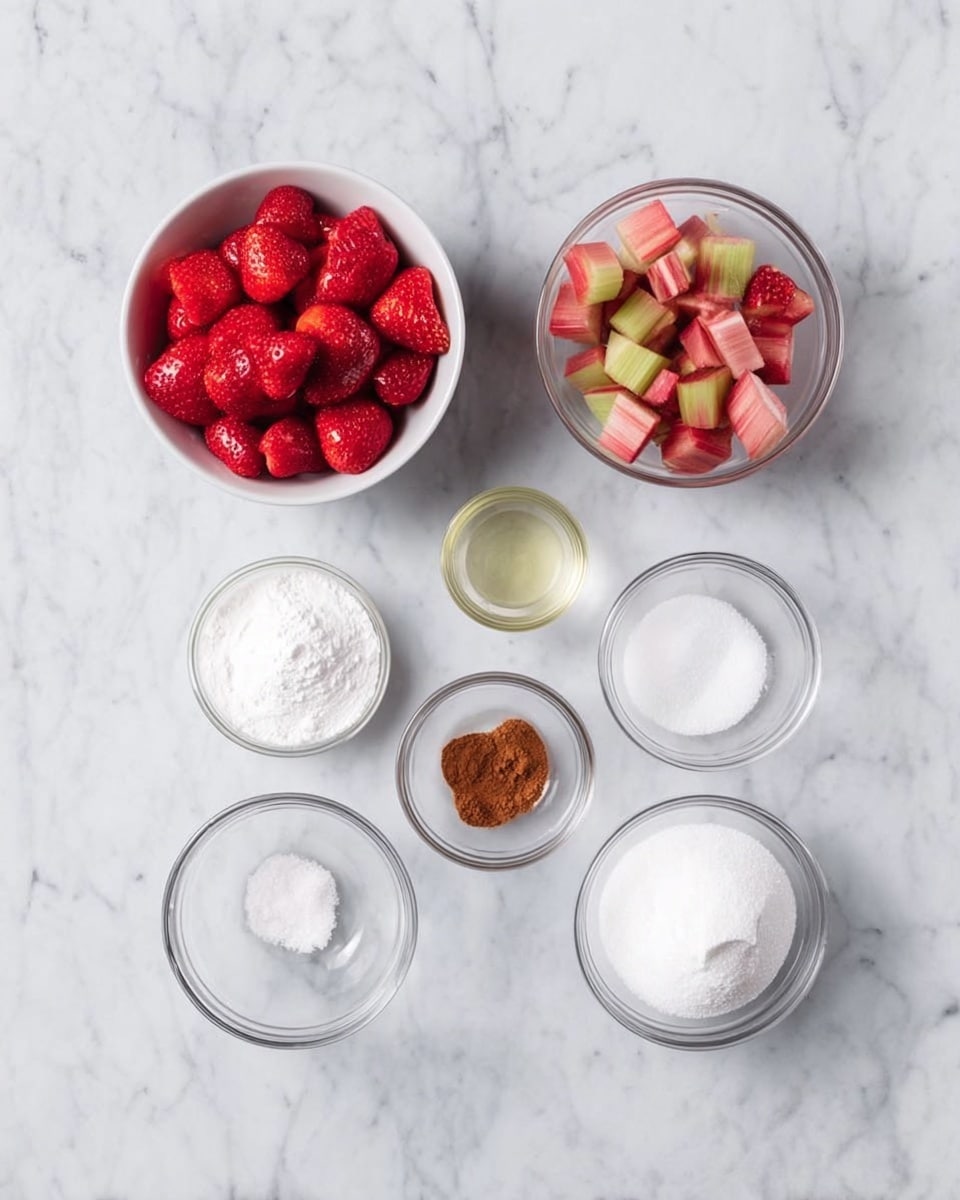 The image shows six small clear glass bowls arranged on a white marbled surface. At the top center is a white bowl filled with fresh, red strawberries cut into halves and quarters, showing their juicy, shiny texture. Below it and slightly to the right is another white bowl holding small chunks of pink and green rhubarb. To the left of the strawberries bowl is a glass bowl filled with white powdered sugar, showing a smooth fine texture. To the right side across from the powdered sugar is a glass bowl filled with granulated white sugar. Below the powdered sugar, there is a small glass bowl with a pinch of white salt. Below the sugar bowl is a small glass bowl that has a small amount of cinnamon powder with a soft brown color. In the center between these bowls, near the middle of the image, is a small glass bowl holding a clear liquid, likely lemon juice. The whole arrangement is neat and evenly spaced on the clean white marbled background. photo taken with an iphone --ar 4:5 --v 7