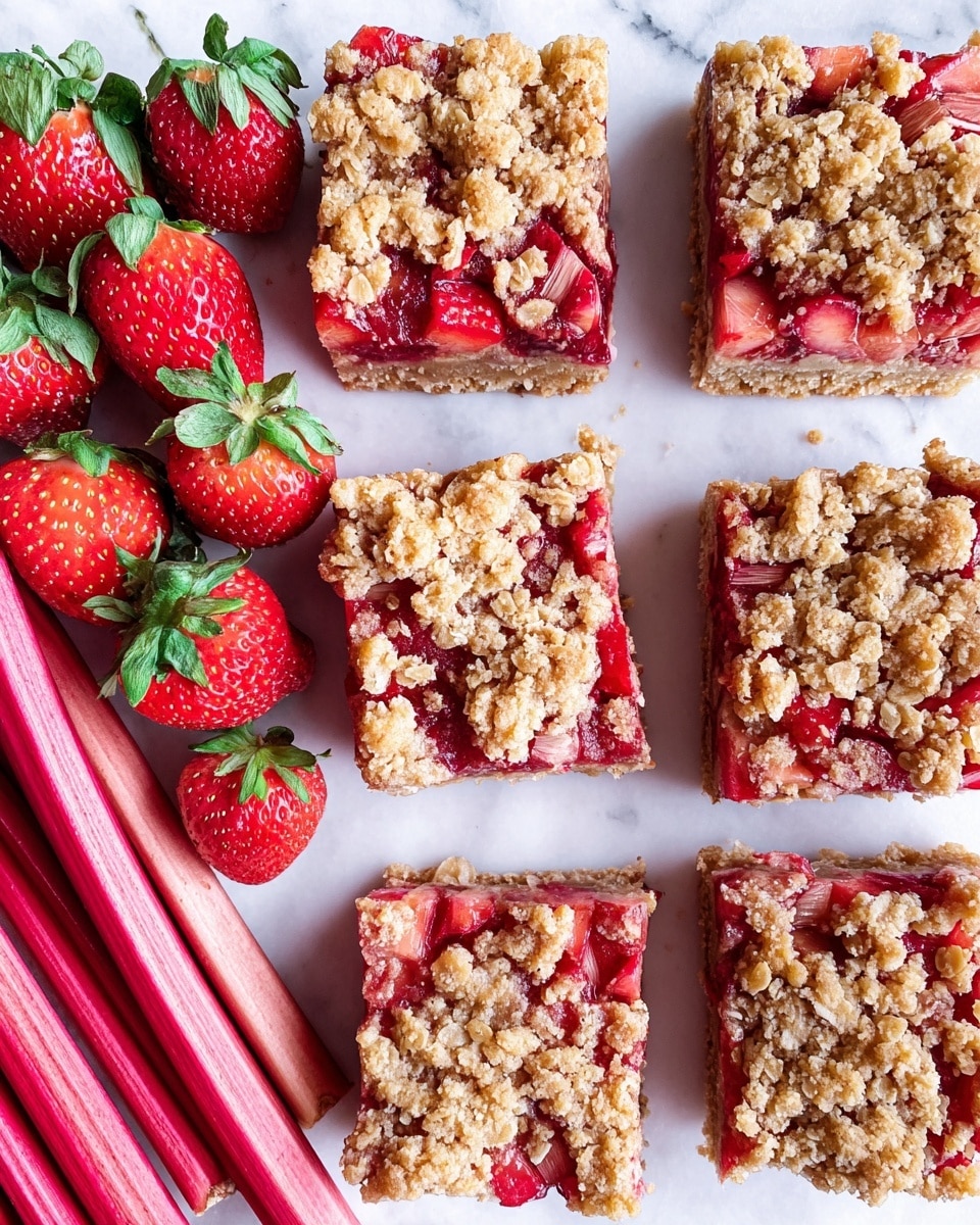 The image shows six square pieces of rhubarb and strawberry oat bars arranged in two rows on a white marbled surface. Each bar has three layers: a light brown crumbly oat base, a bright red and pink rhubarb and strawberry mixed fruit middle layer with visible chunks, and a top layer of golden brown oat crumble scattered unevenly. On the left side, there is a cluster of fresh strawberries with green leaves and several long pinkish rhubarb stalks with a smooth texture. The scene is bright and clear, showing the texture and colors of the bars and fresh fruits. Photo taken with an iphone --ar 4:5 --v 7
