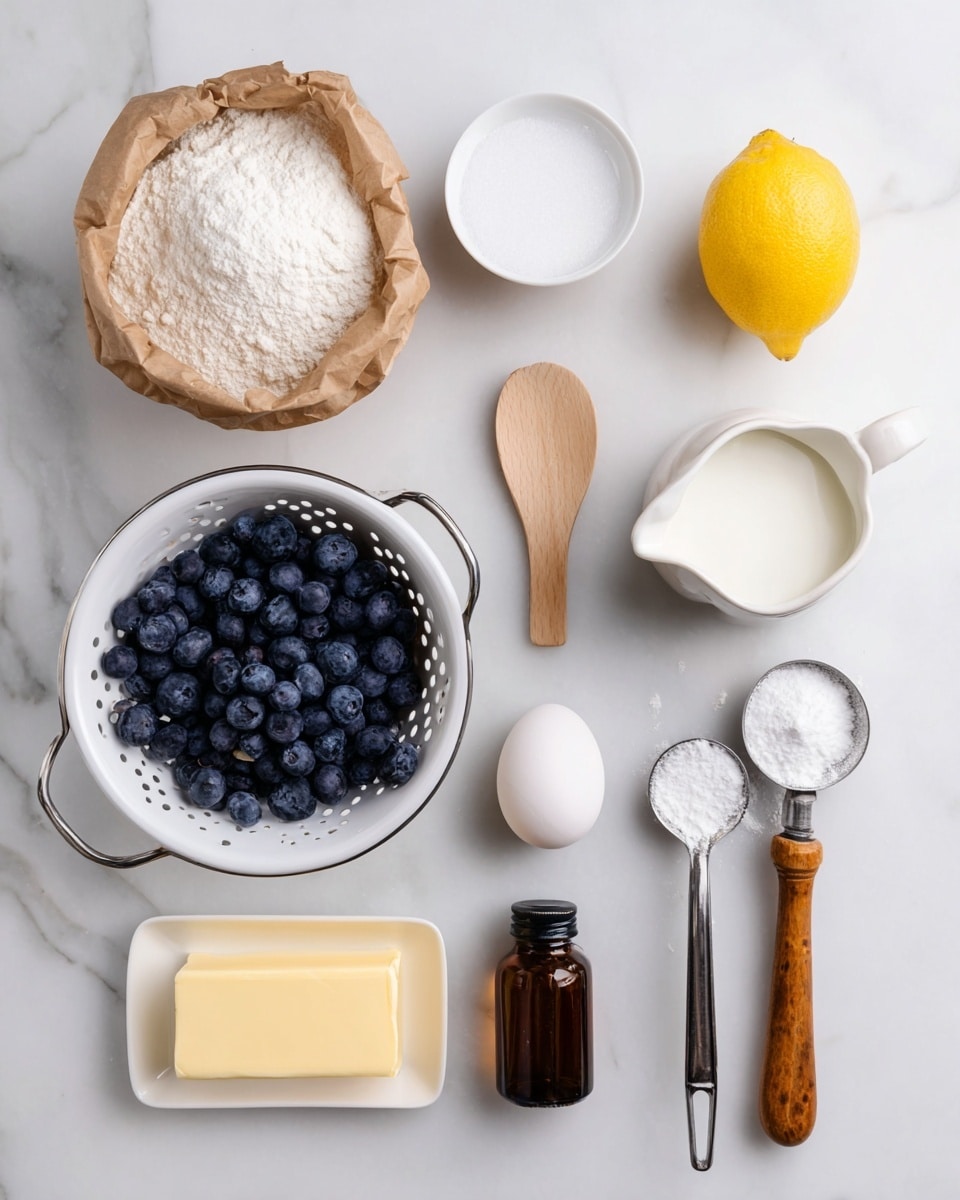 The image shows eight cooking ingredients arranged neatly on a white marbled surface. At the top left, there is a brown paper bag filled with white flour. To its right, a small white bowl holds white sugar, with a light wooden spoon resting inside. Below the flour, a white colander is full of fresh, dark blue blueberries. Next to it on the right, there is a whole yellow lemon and a single white egg. At the bottom left, a white rectangular dish holds a pale yellow stick of butter. In the center bottom, a small amber bottle with a dark cap is placed next to a wooden-handled measuring spoon filled with white powder. To the right of the measuring spoon, a small white pitcher contains white milk. The photo was taken with an iphone --ar 4:5 --v 7