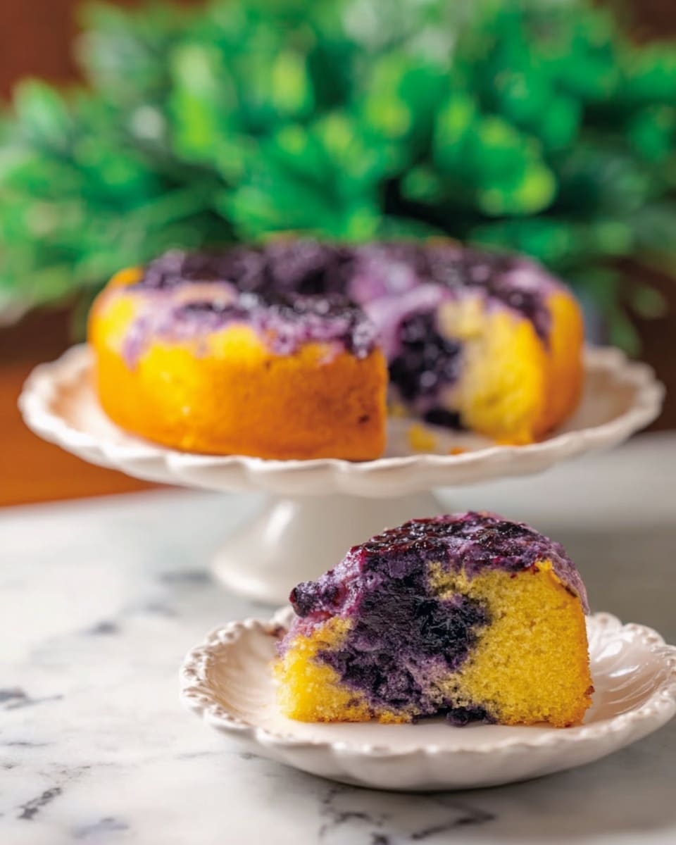 The image shows a slice of yellow cake with a purple blueberry layer on top, served on a small white plate with a scalloped edge. The cake has a moist texture, with the purple blueberry layer looking slightly thick and uneven over the yellow bottom layer. Behind the plate, the rest of the cake sits on a white raised cake stand, showing the same yellow and purple colors mixed in the round cake shape. All this is placed on a white marbled surface with some green blurred foliage in the background, and a woman's hand holding the cake stand on the right edge. Photo taken with an iphone --ar 4:5 --v 7
