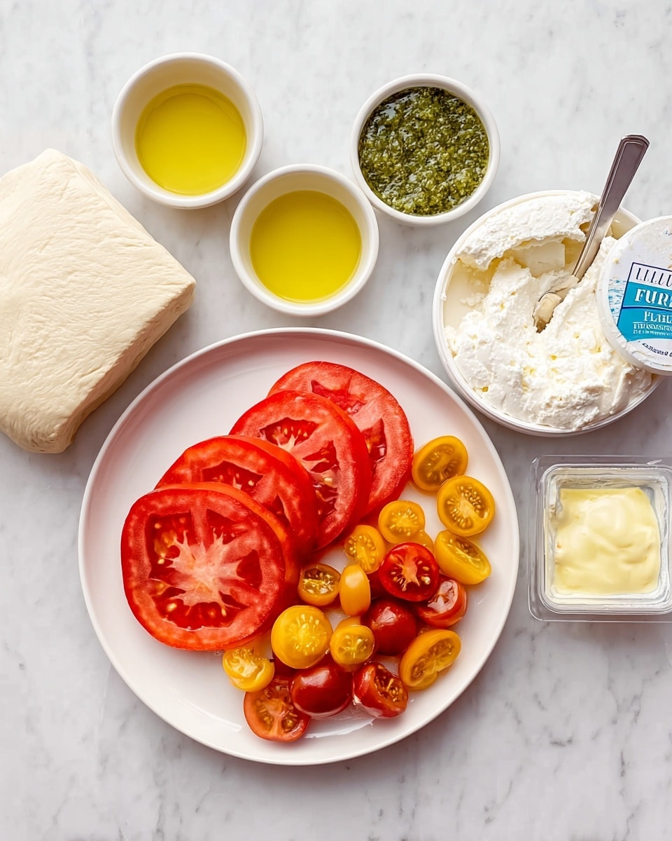 A white plate sits on a white marbled surface and holds thin slices of red tomatoes arranged on the left side, with small yellow and red cherry tomatoes halved and spread on the right side. To the left of the plate is a block of light beige dough. Above the plate, there are three small white bowls: the left bowl contains yellow oil, the middle bowl holds a green herb sauce, and the right bowl has a light yellow beaten egg mix. On the right side of the plate, a white container filled with white farmer cheese has a silver spoon resting inside. The label on the container is blue, white, and green. Photo taken with an iphone --ar 4:5 --v 7