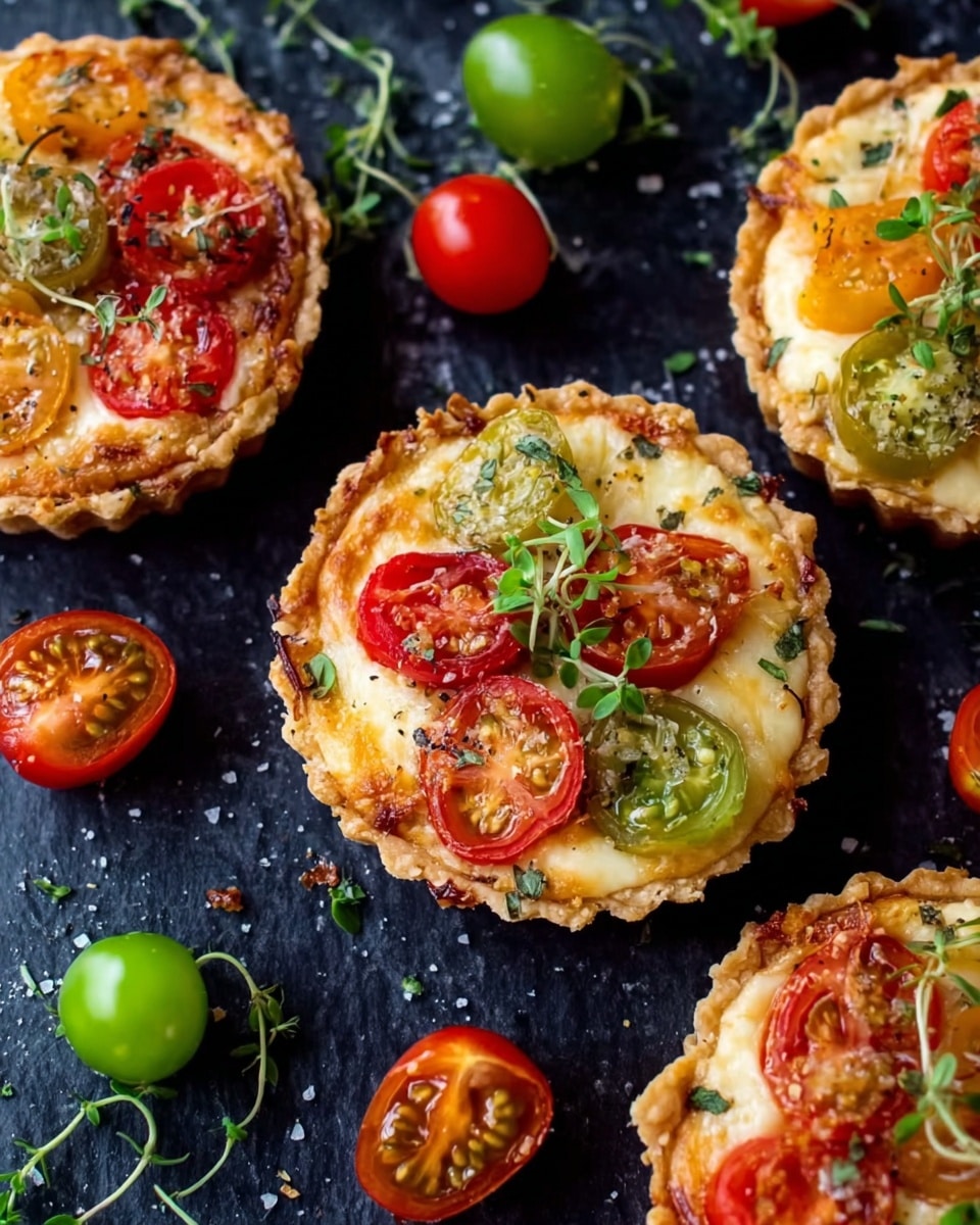 The image shows several small round tarts placed on a dark surface. Each tart has a golden-brown crust with a rough edge, topped by a creamy, pale yellow cheese layer. On top of the cheese are sliced red and green tomatoes, placed in a scattered arrangement, giving a mix of warm reds and greens. Each tart is garnished with fresh green herb sprigs, adding a touch of brightness. Around the tarts, small whole and halved cherry tomatoes in red and green colors are scattered, and the white marbled surface underneath contrasts softly with the vivid colors of the tarts. photo taken with an iphone --ar 4:5 --v 7