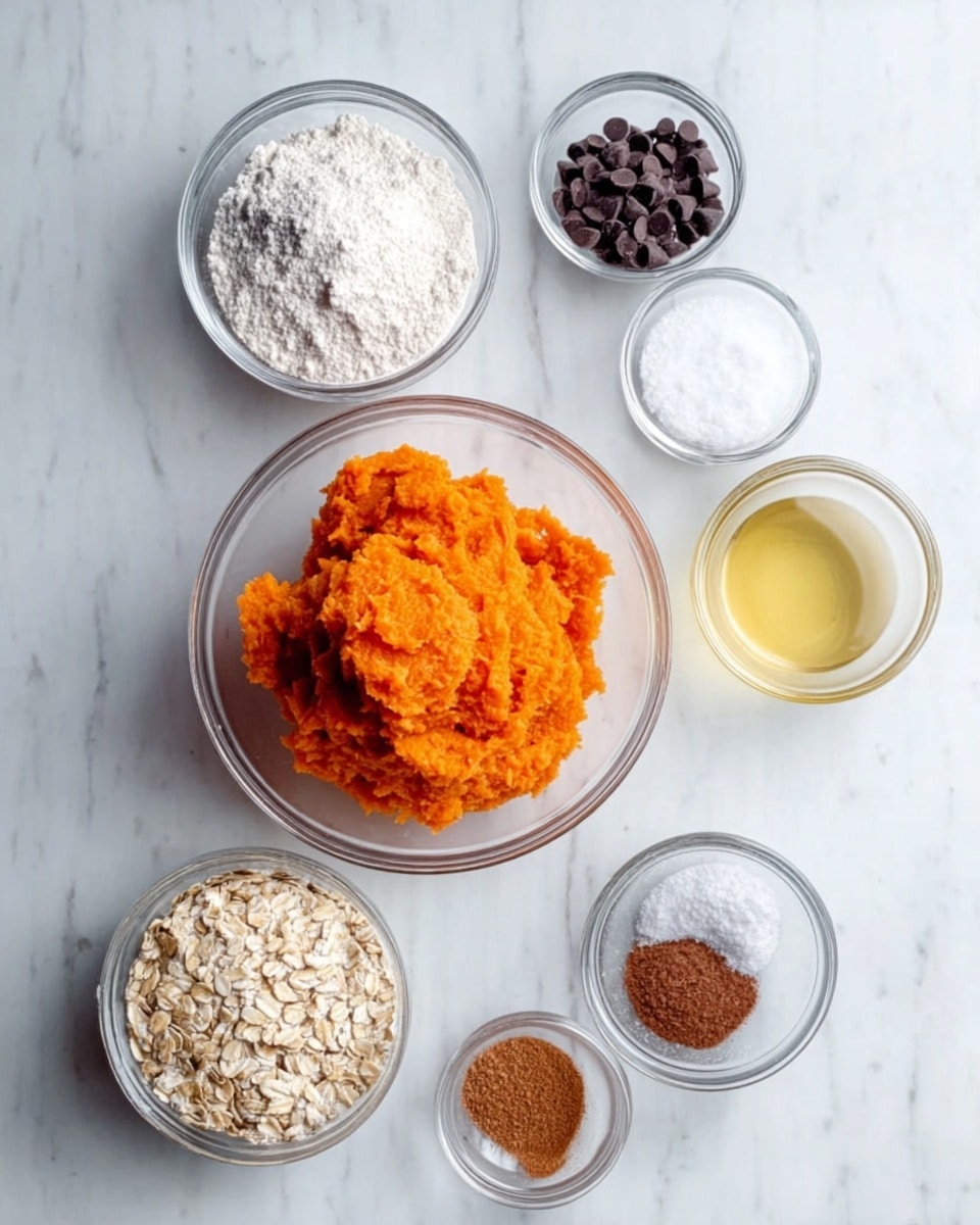 The image shows seven clear glass bowls arranged on a white marbled surface. In the center is a bowl filled with bright orange mashed sweet potatoes. Surrounding it are six bowls: one with white flour mixed with something dark, one with white granulated sugar, one with light golden liquid, one with light brown oats, one with dark chocolate chips, and one with a small pile of salt and cinnamon powder. The bowls are grouped close together in a neat layout. Photo taken with an iphone --ar 4:5 --v 7