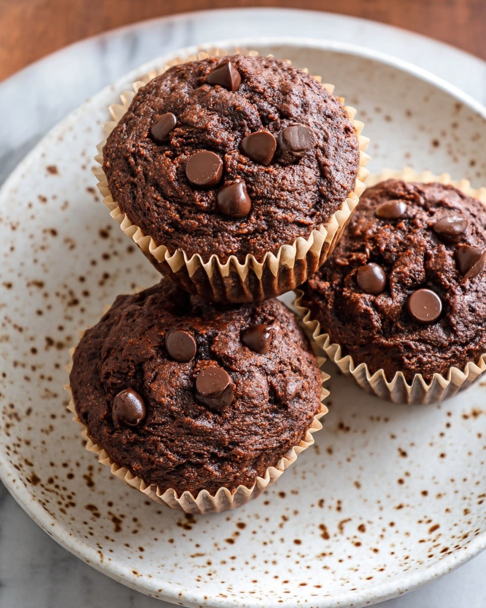 The image shows three chocolate muffins close together on a white plate with brown speckles. Each muffin has a rough, dark brown top with smooth, shiny chocolate chips scattered on the surface, some slightly melted. The muffins are wrapped in light beige paper liners with ruffled edges. The plate sits on a white marbled surface. photo taken with an iphone --ar 4:5 --v 7