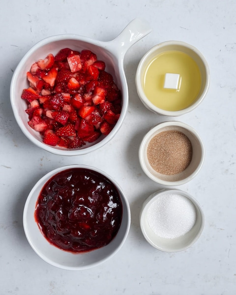 The image shows five white bowls on a white marbled surface. The top left bowl, with a handle, contains finely chopped bright red strawberries mixed with small white pieces. To the right of it is a small bowl with light yellow liquid and a small white solid piece inside. Below that is a medium bowl filled with dark red, thick, and shiny chunky sauce. To the left of this bowl is a small one filled with light brown powder. Next to it, in the center, is another small bowl with white granulated sugar. photo taken with an iphone --ar 4:5 --v 7