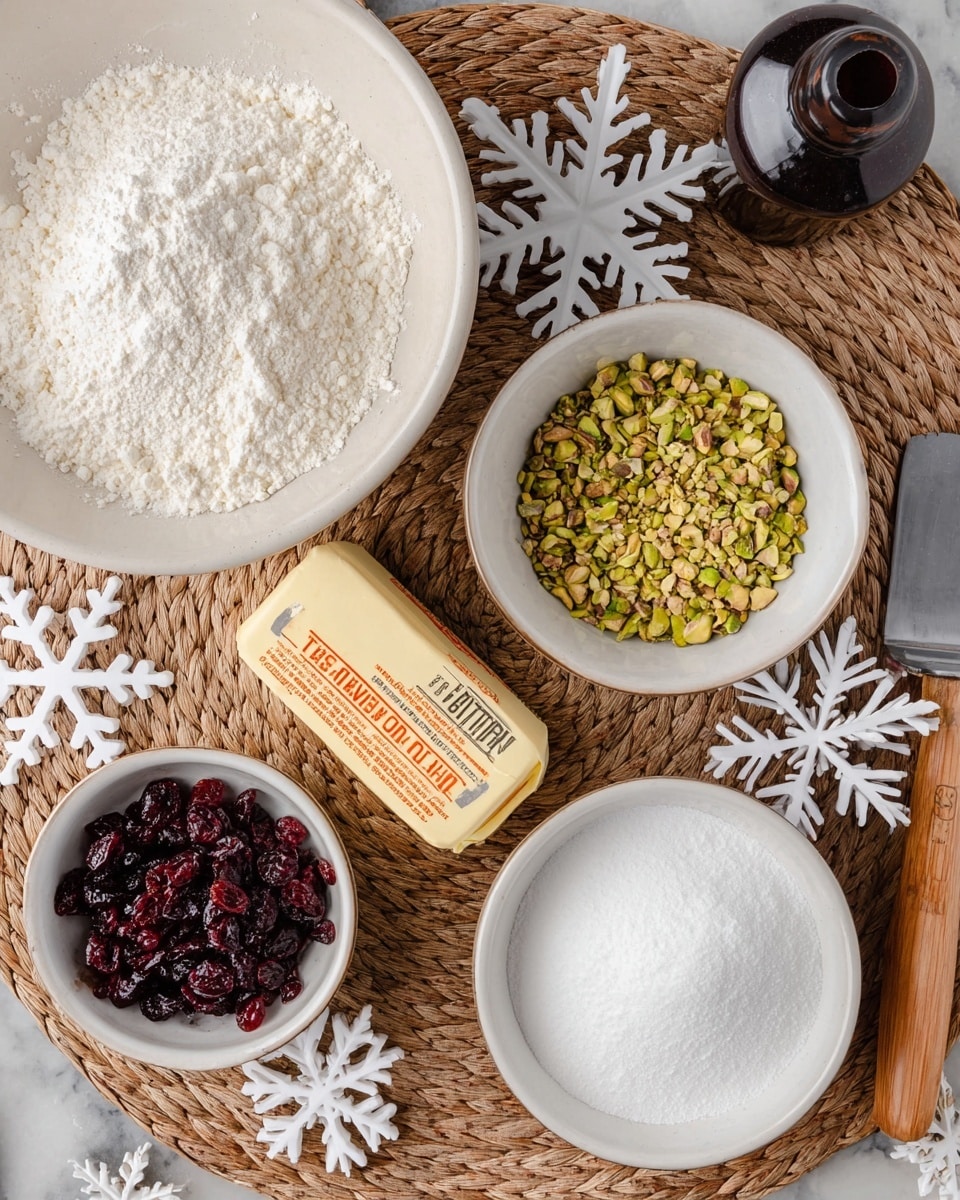 The image shows baking ingredients arranged neatly on a white marbled surface. At the top left, there is a large white bowl filled with white flour and a small pile of white granulated sugar on top. To the right of that, there is a medium white bowl filled with chopped green pistachios. Below, in the center, a stick of butter with orange and red text lays horizontally. At the bottom left, a small white bowl holds dark red dried cranberries. Next to it, on the right, another medium white bowl contains fine white powdered sugar. A dark glass bottle is placed in the upper right corner, and a spatula with a wooden handle is partially visible on the right edge. The items rest on a woven natural fiber placemat and white snowflake-shaped decorations are scattered around. photo taken with an iphone --ar 4:5 --v 7