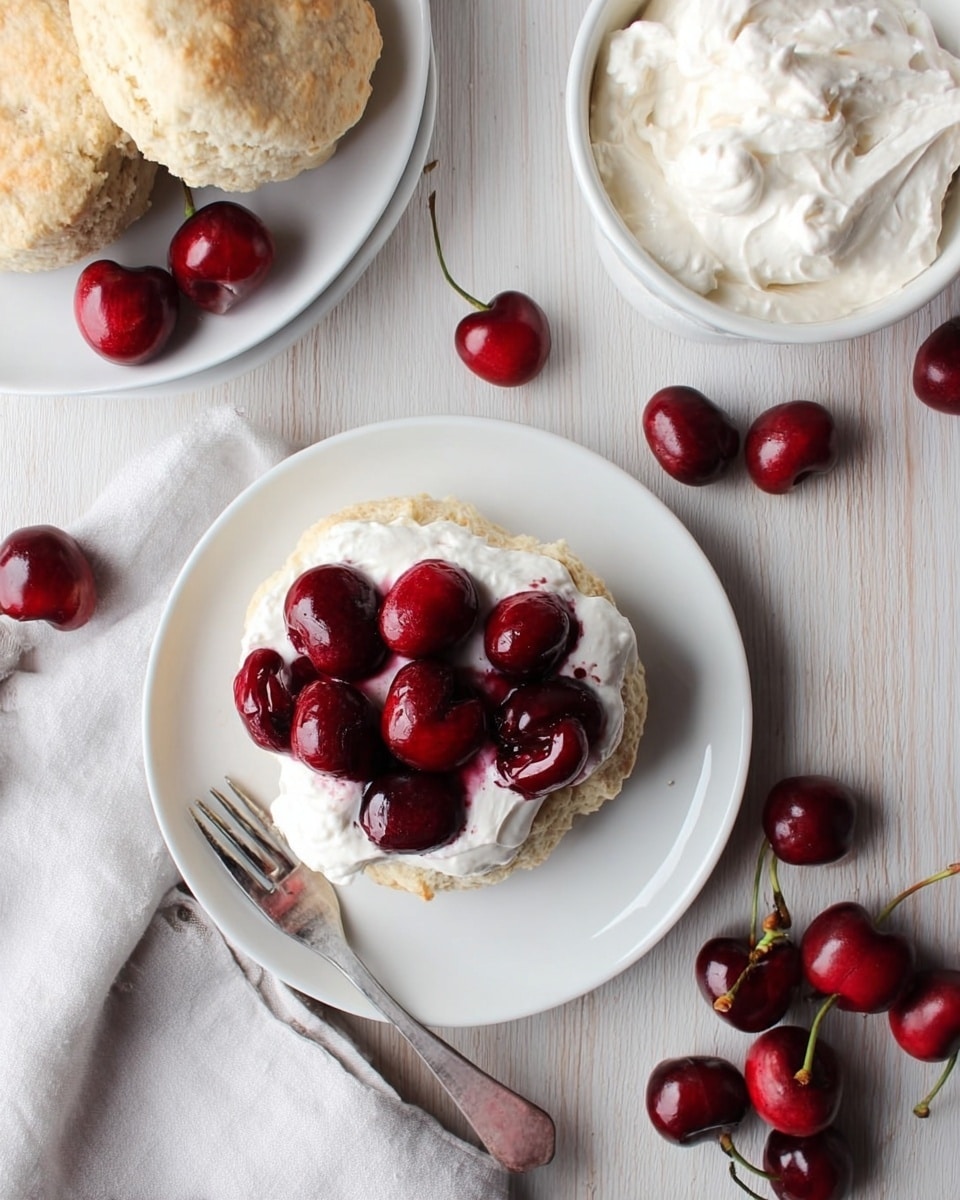 A soft, golden biscuit split into two layers, with the bottom layer supporting a thick layer of dark red cherries that look juicy and fresh. Above the cherries, a generous layer of white whipped cream is spread, and the top biscuit layer is placed slightly off-center. The biscuit has a crumbly texture with a light crust on top. The sandwich sits on a white plate with a few loose cherries and dollops of whipped cream around it. The background shows a small white bowl filled with thick whipped cream, all set on a white marbled surface. Photo taken with an iphone --ar 4:5 --v 7