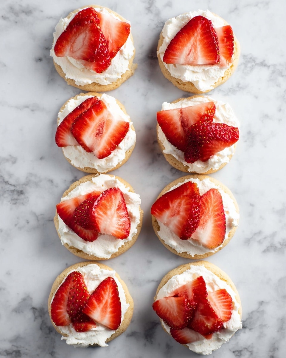 Eight small round cookies are placed on a white marbled surface in two vertical rows of four. Each cookie is topped with a thick layer of white creamy spread, which looks soft and slightly textured. On top of the cream, there are three red strawberry slices arranged in a fan shape on each cookie. The strawberry slices show their bright red outer skin and lighter red inner flesh with subtle seeds visible. The colors of the cream and strawberries contrast with the light tan color of the cookies and the white marbled background. photo taken with an iphone --ar 4:5 --v 7